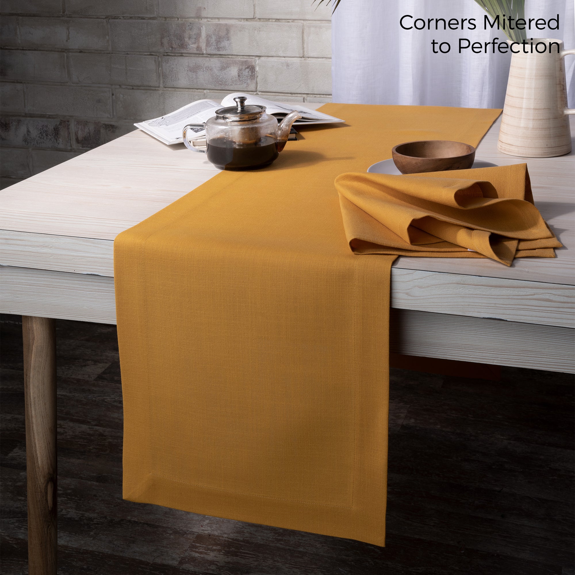 Mustard Table Runner, Faux Linen, Mitered Corner