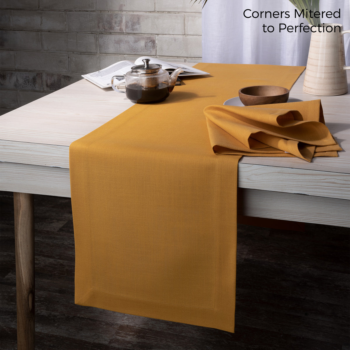 Mustard Faux Linen Table Runner - Mitered Corner