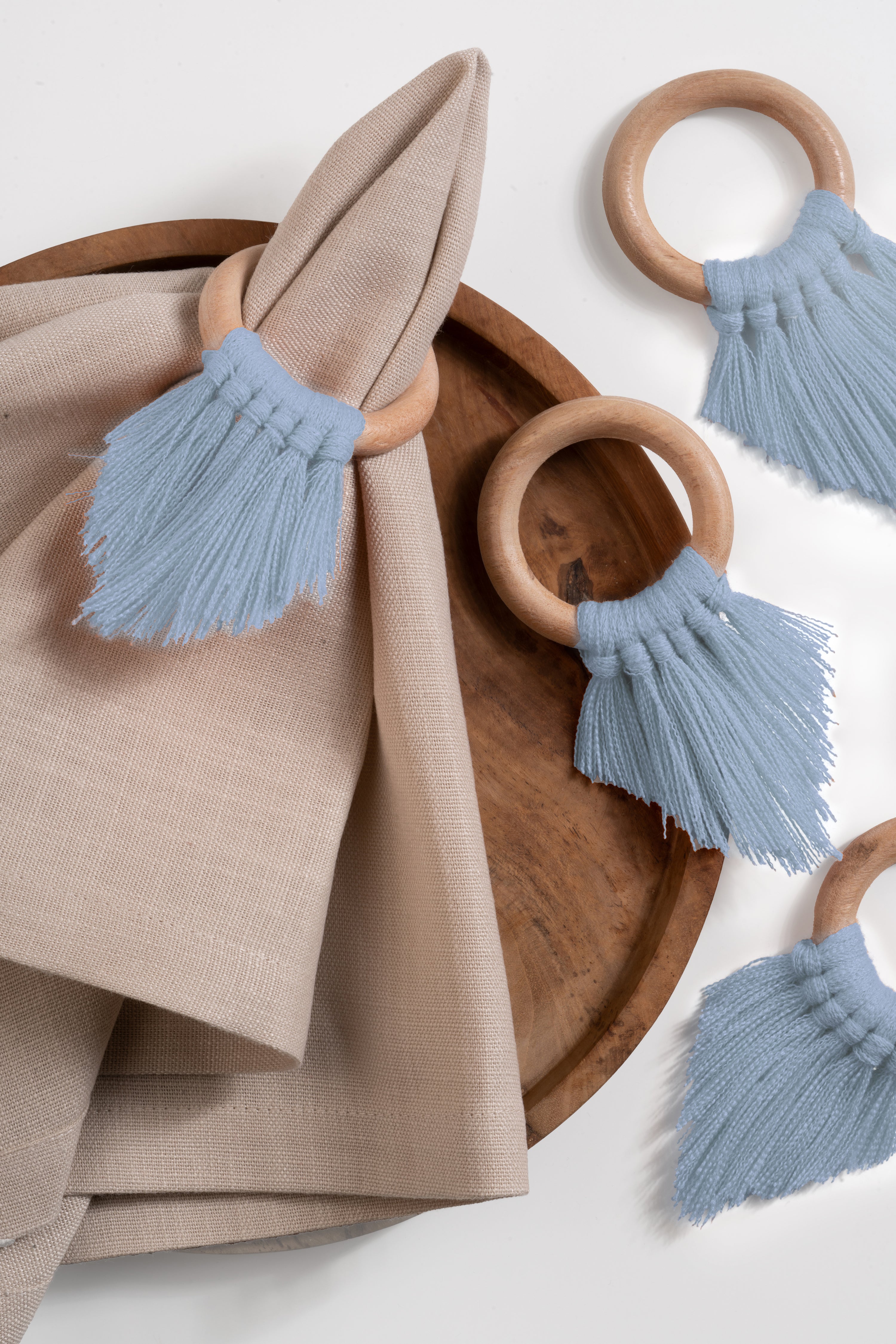 Light Blue Napkin Rings With Fringe