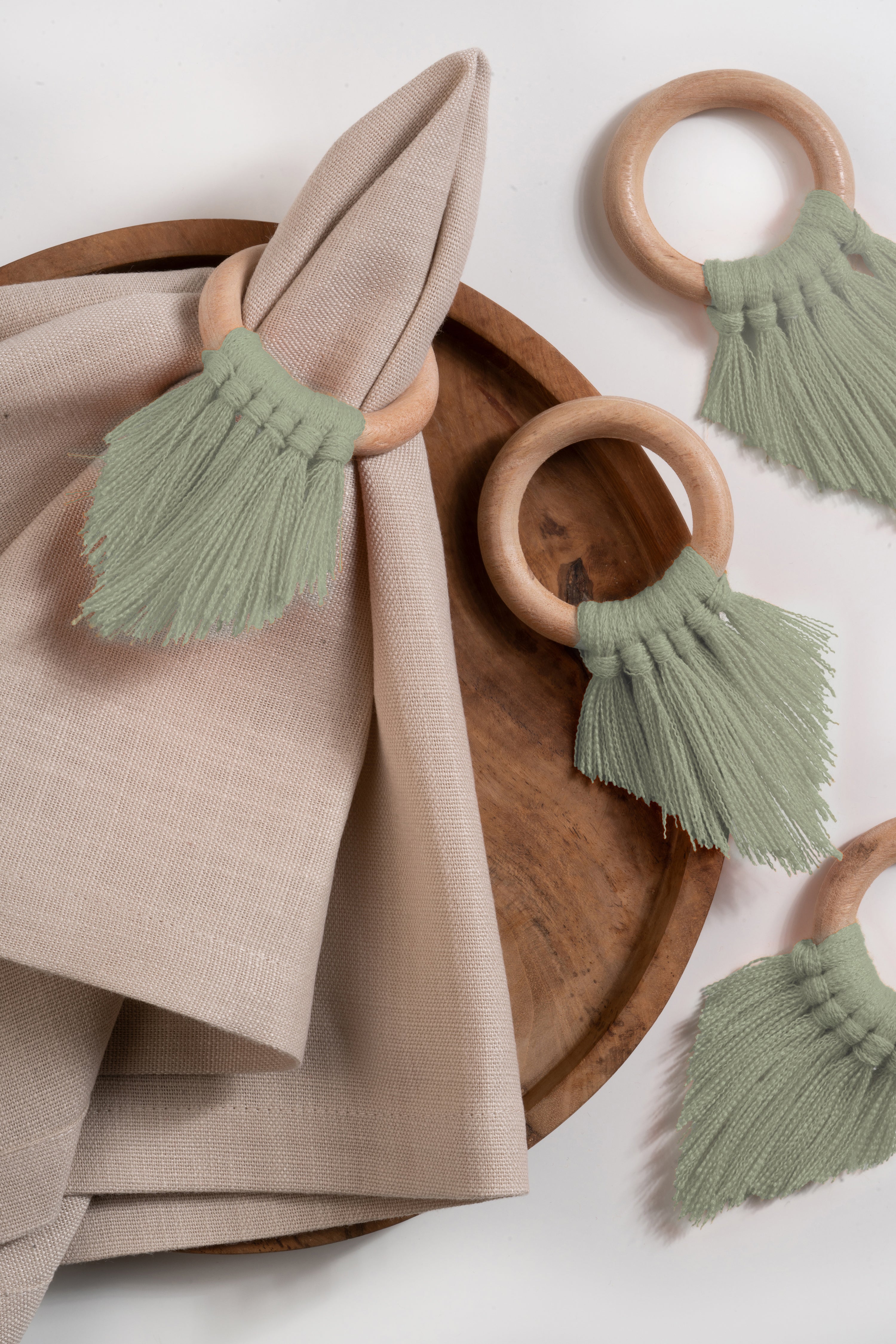 Sage Green Napkin Rings With Fringe