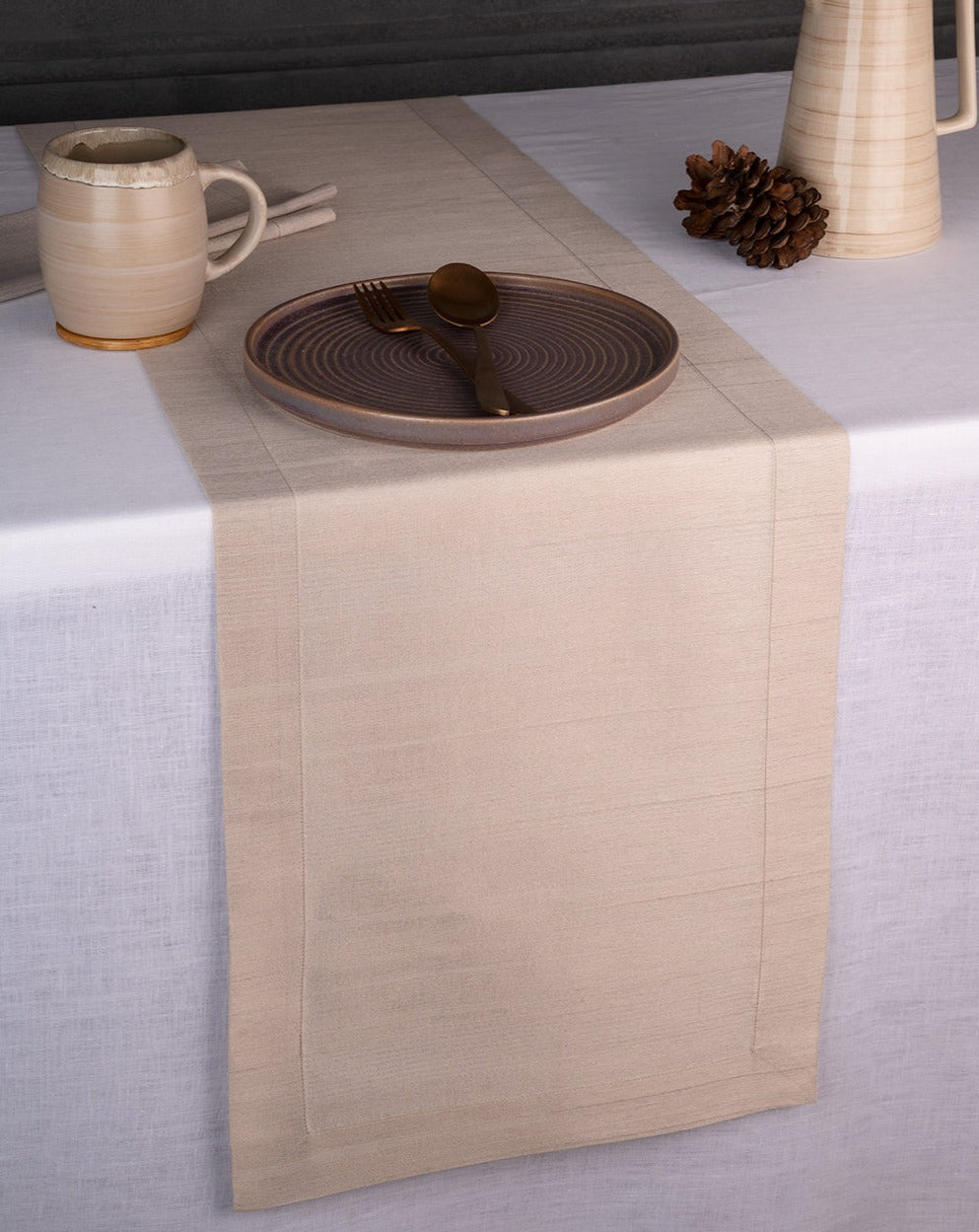 Natural Raw Silk Textured Table Runner - Mitered Corner