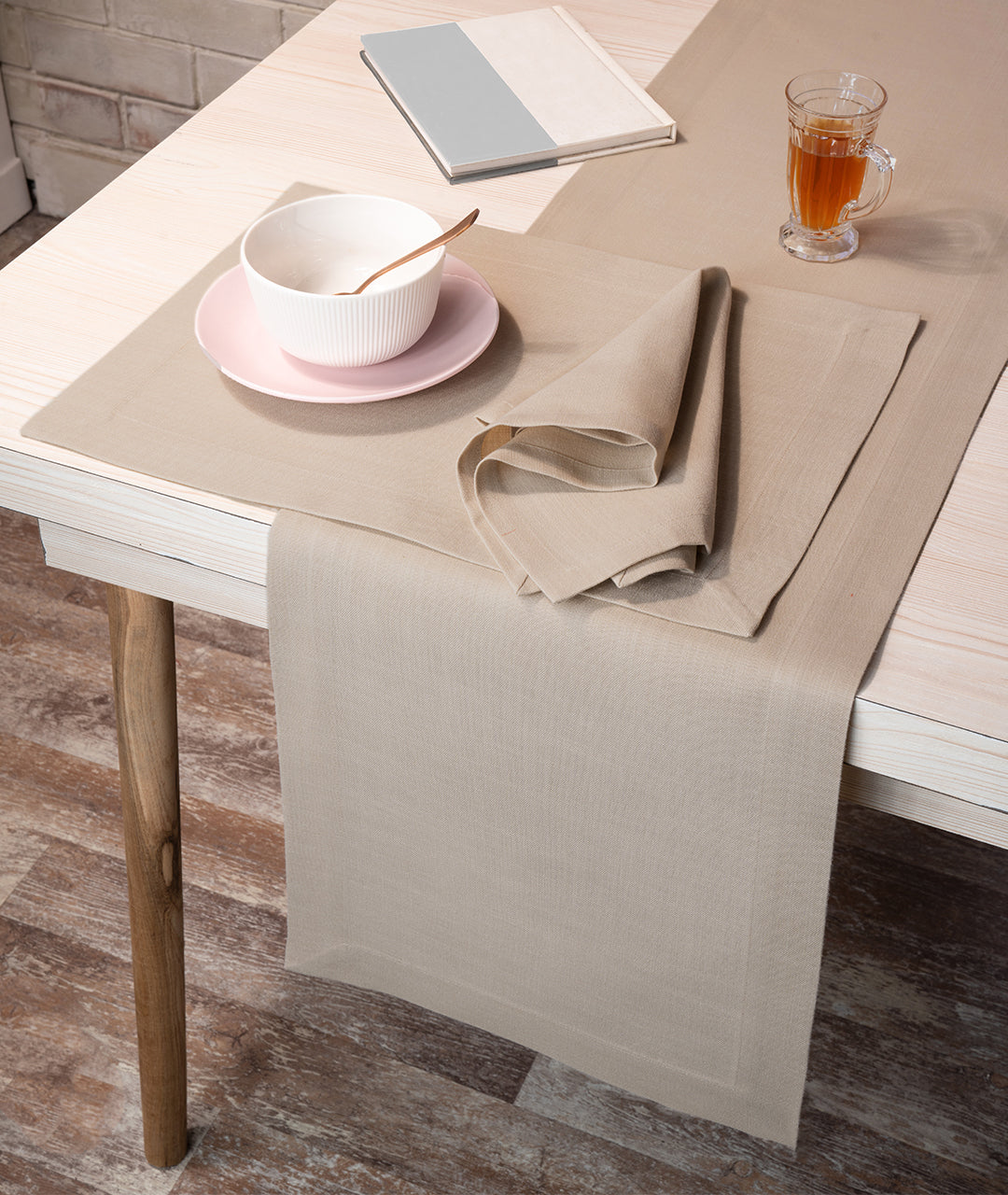 Natural Linen Look Recycled Fabric Mitered Corner Table Runner