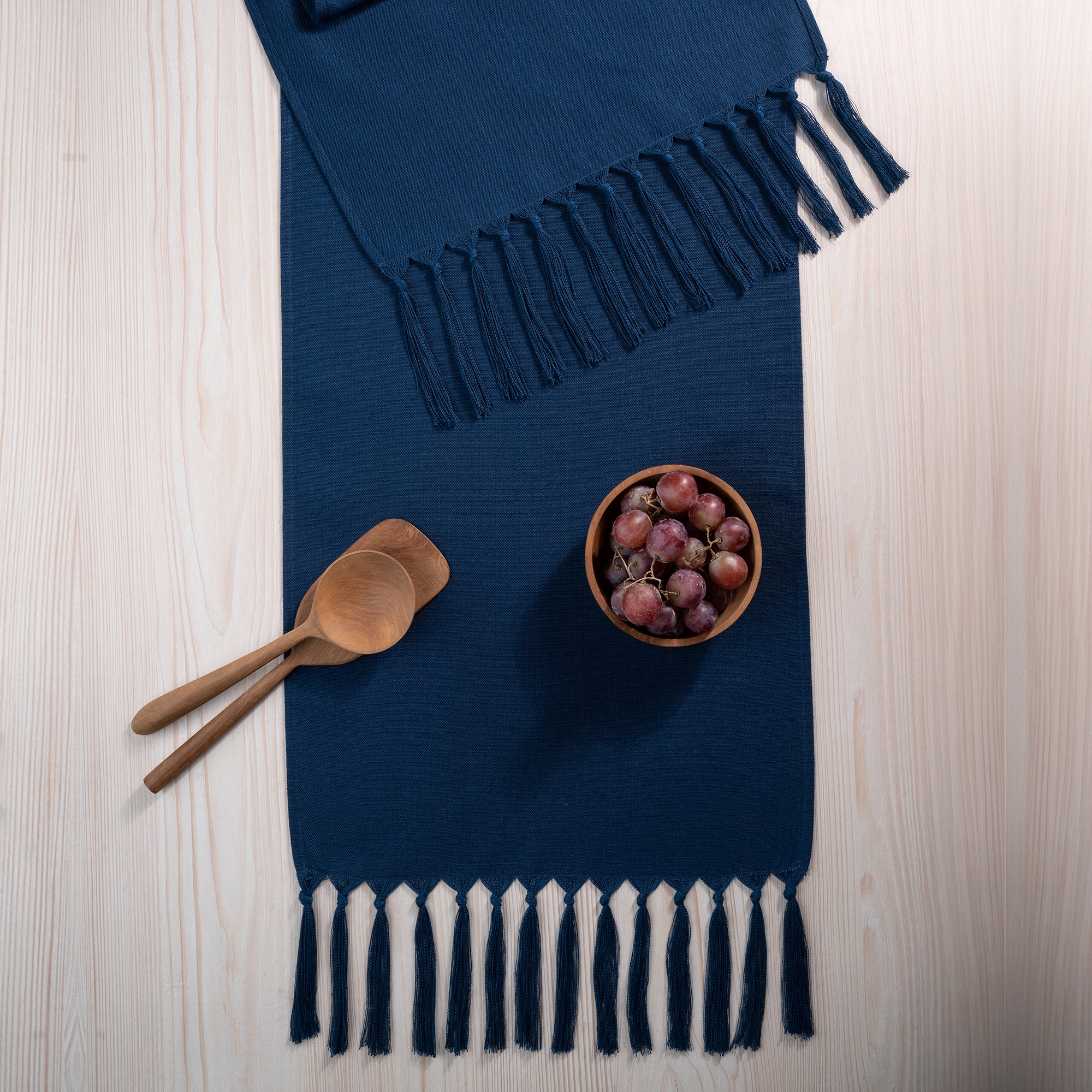 Navy Blue Faux Linen Table Runner - Tassel