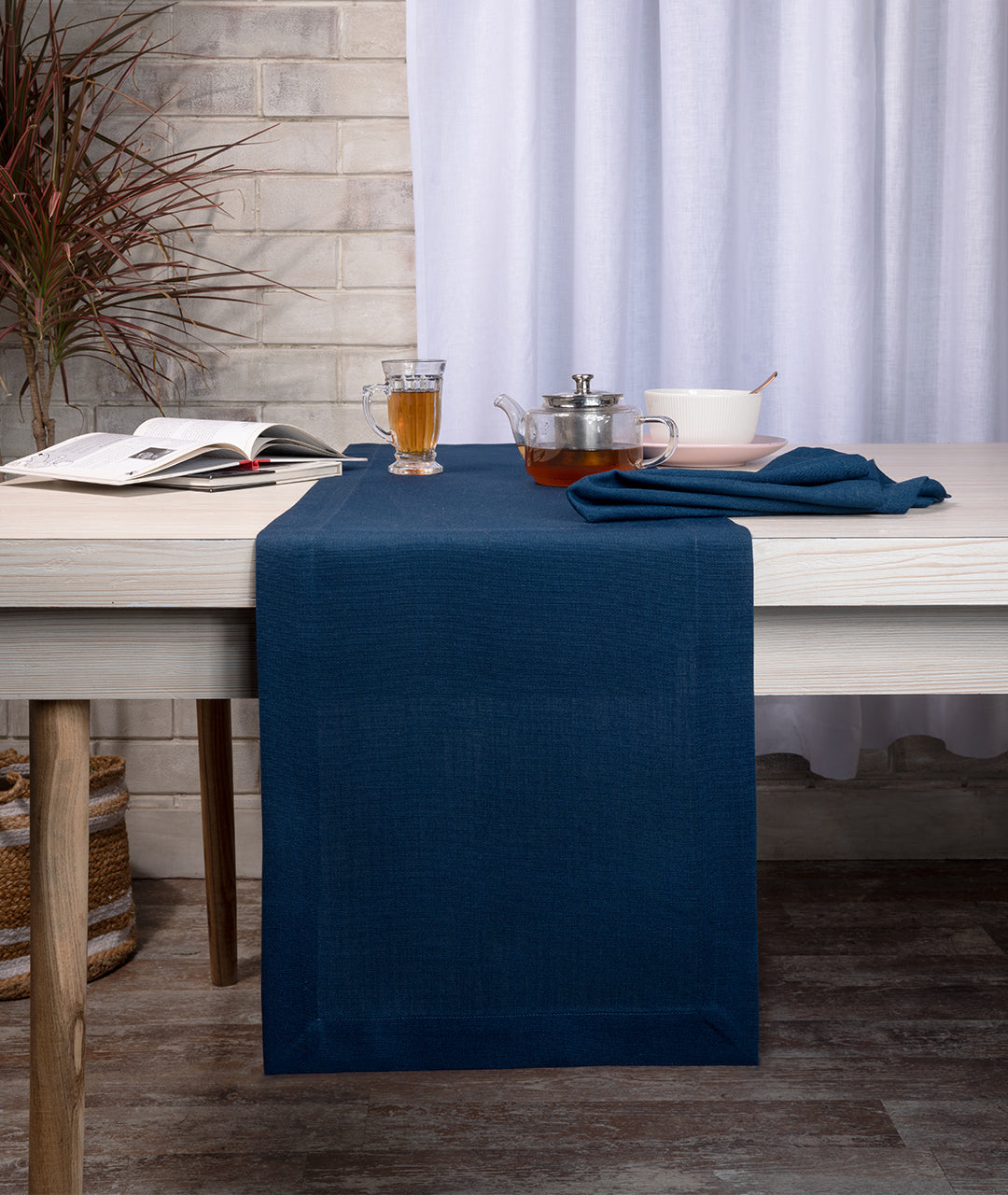 Navy Blue Linen Look Recycled Fabric Mitered Corner Table Runner