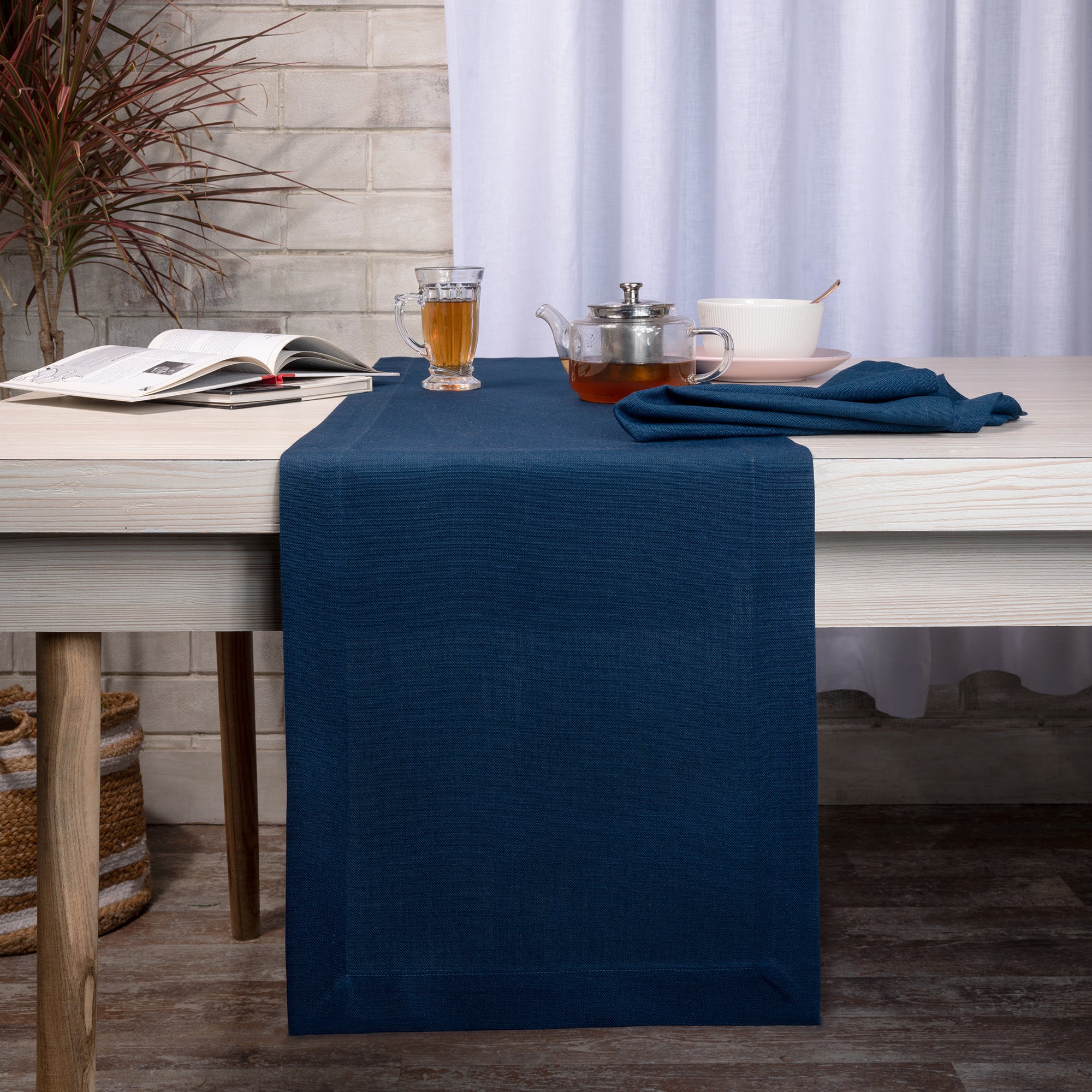 Navy Blue Table Runner, Faux Linen, Mitered Corner