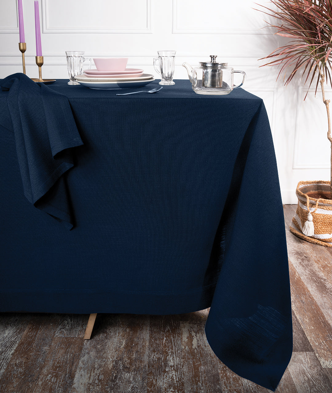 Navy Blue Linen Textured Tablecloth - Mitered Corner