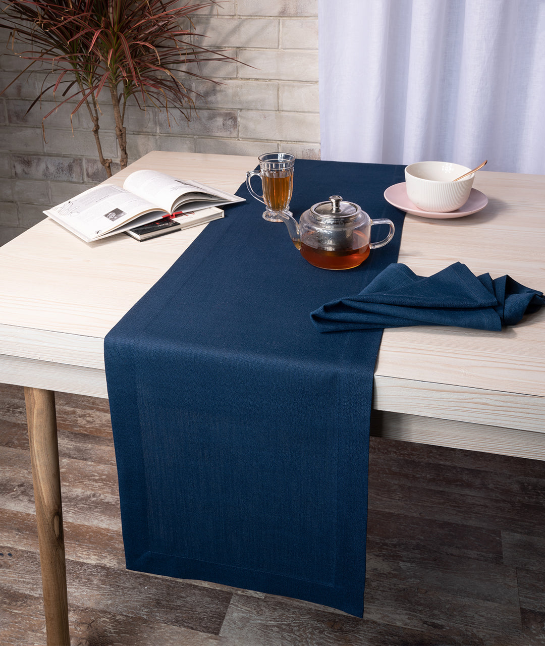 Navy Blue Linen Textured Table Runner - Mitered Corner