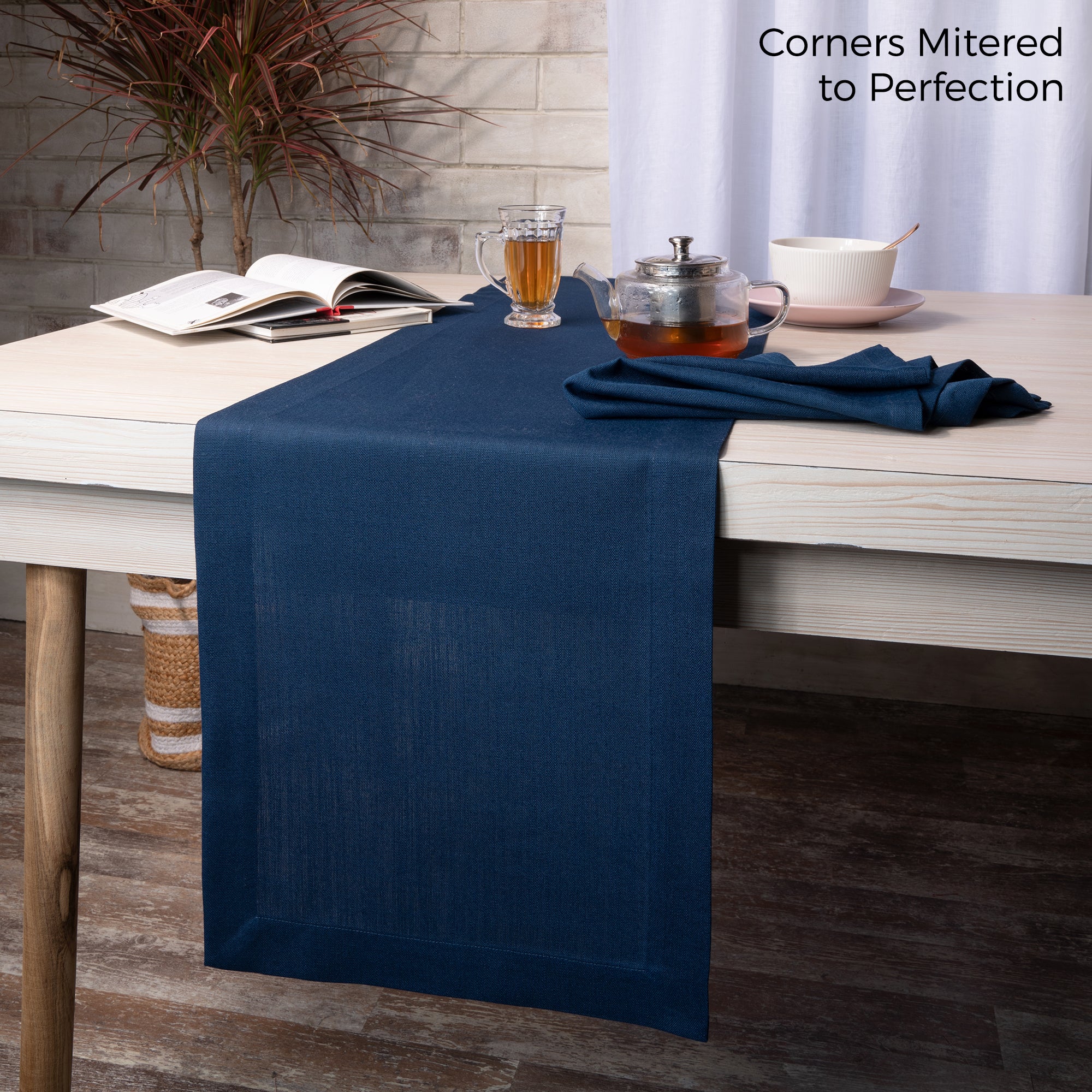 Navy Blue Table Runner, Faux Linen, Mitered Corner