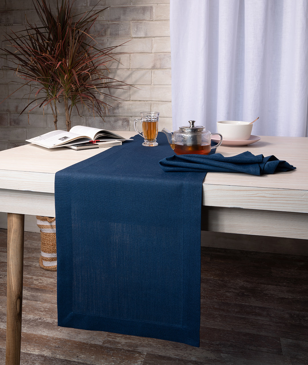 Navy Blue Linen Textured Table Runner - Mitered Corner