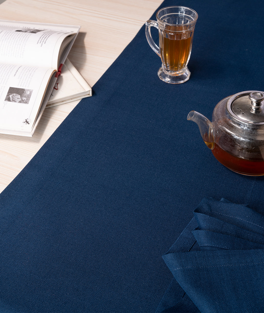 Navy Blue Linen Textured Table Runner - Mitered Corner