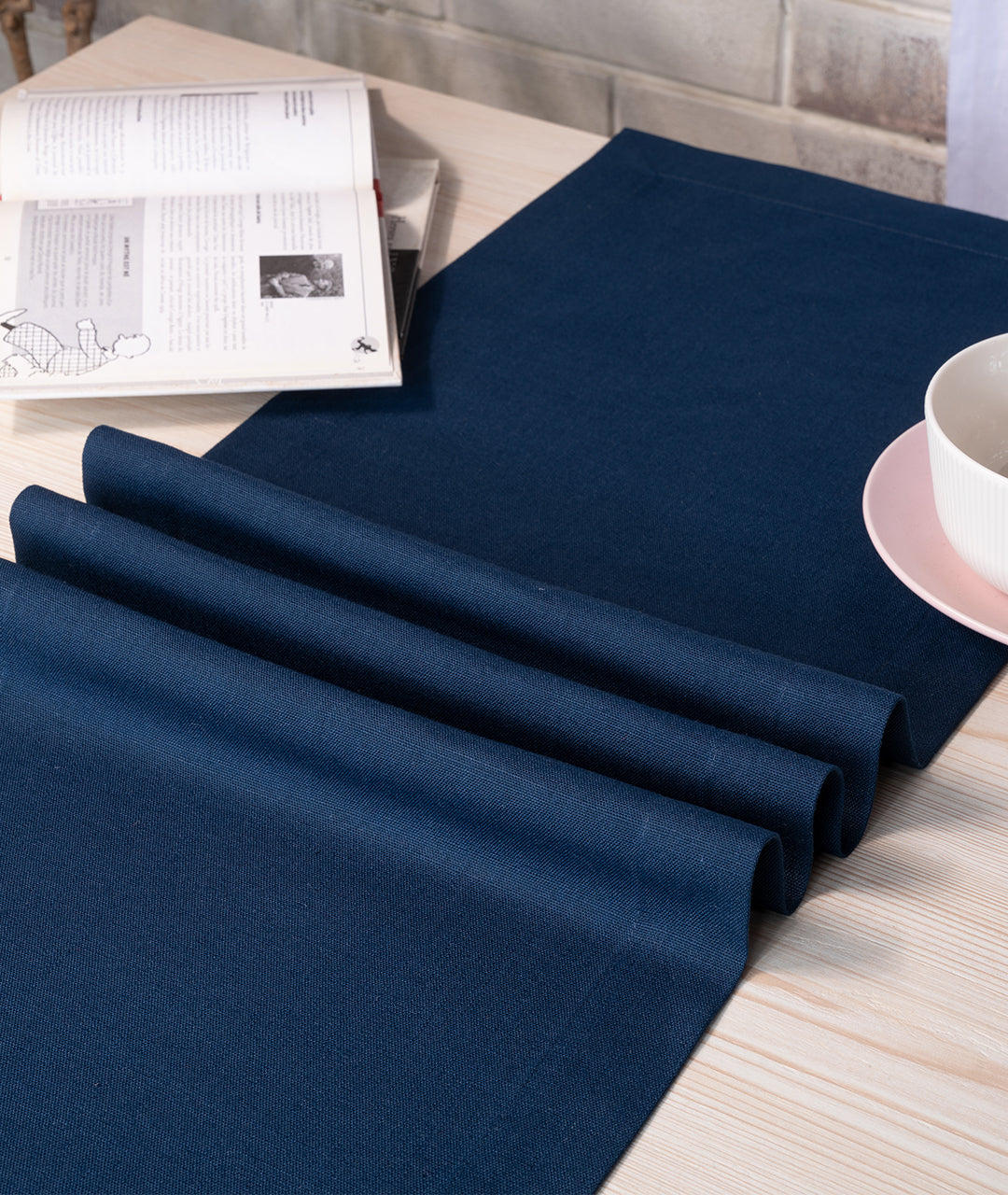 Navy Blue Linen Textured Table Runner - Mitered Corner