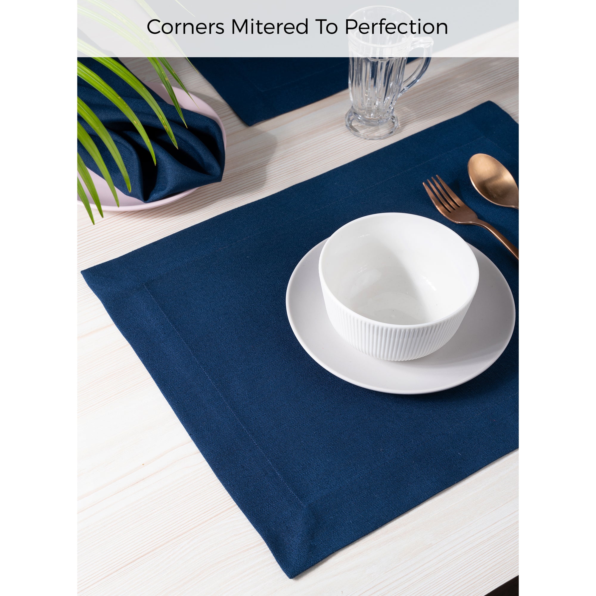 Navy Blue Faux Linen Placemats, Mitered Corner, 14 x 19 inch, 4 pcs