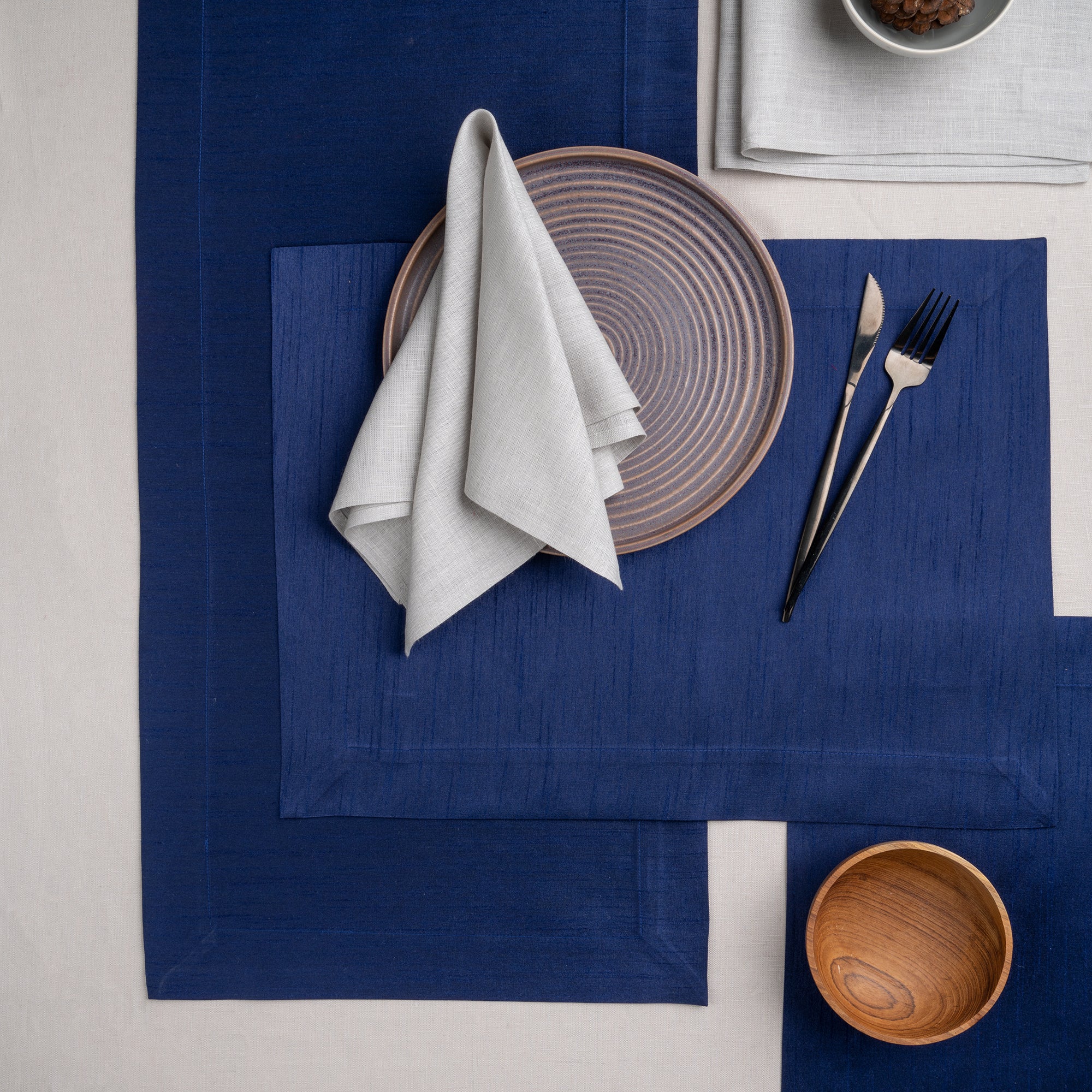 Navy Blue Vegan Silk Placemats, Mitered Corner, 14 x 19 inch, 4 pcs