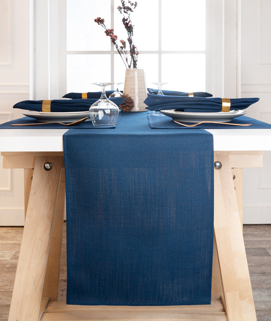 Navy Blue Linen Textured Table Runner - Plain
