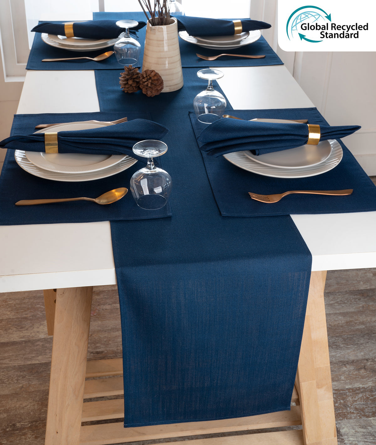 Navy Blue Linen Textured Table Runner - Plain
