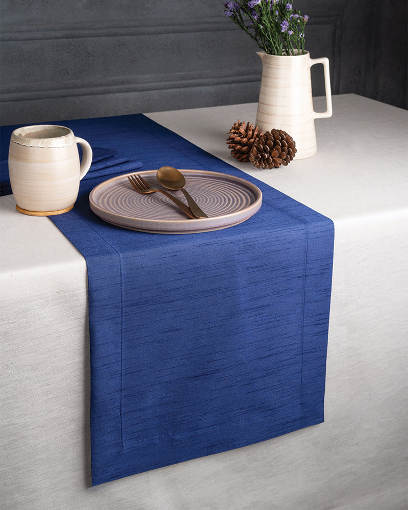 Navy Blue Silk Textured Table Runner - Mitered Corner