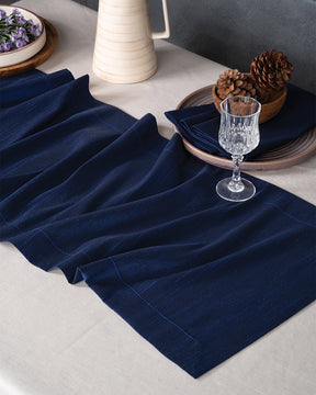 Navy Blue Silk Textured Table Runner - Mitered Corner