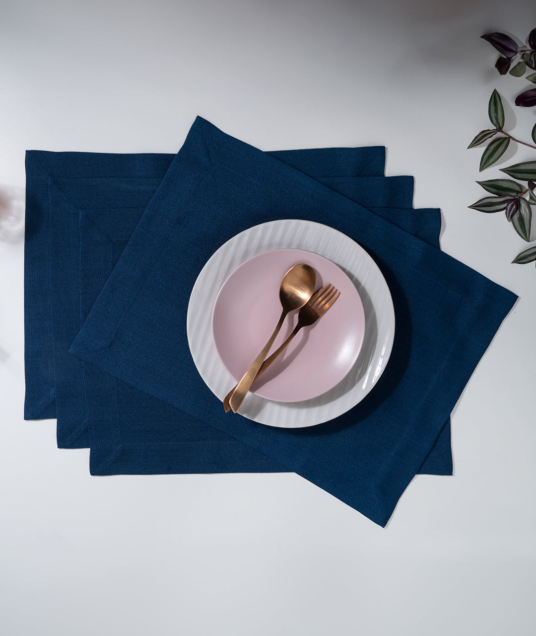 Navy Blue Linen Look Recycled Fabric Mitered Corner Placemats