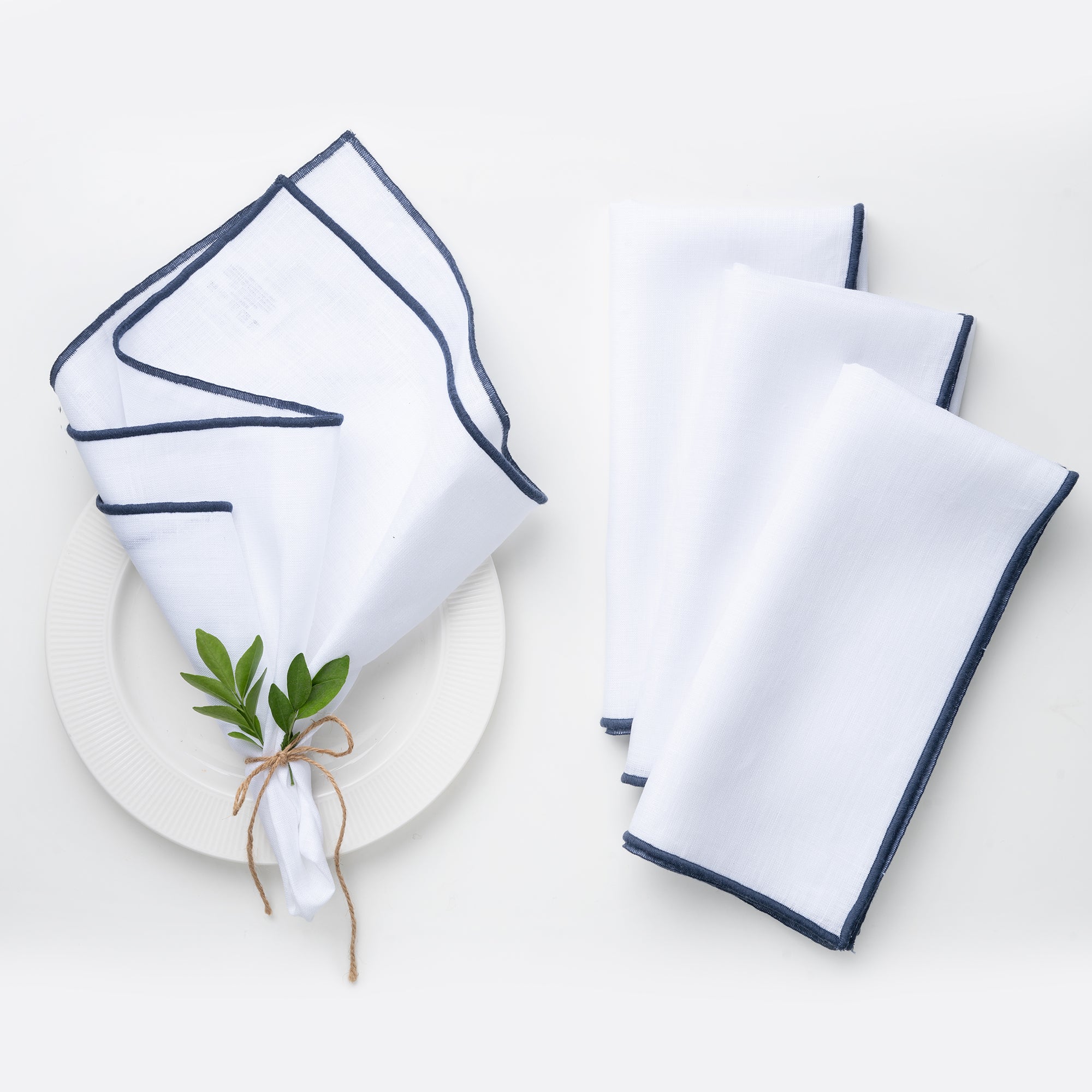 White and Navy Blue Linen Napkins, Marrow Edge, 20 x 20 inch, 4 pcs