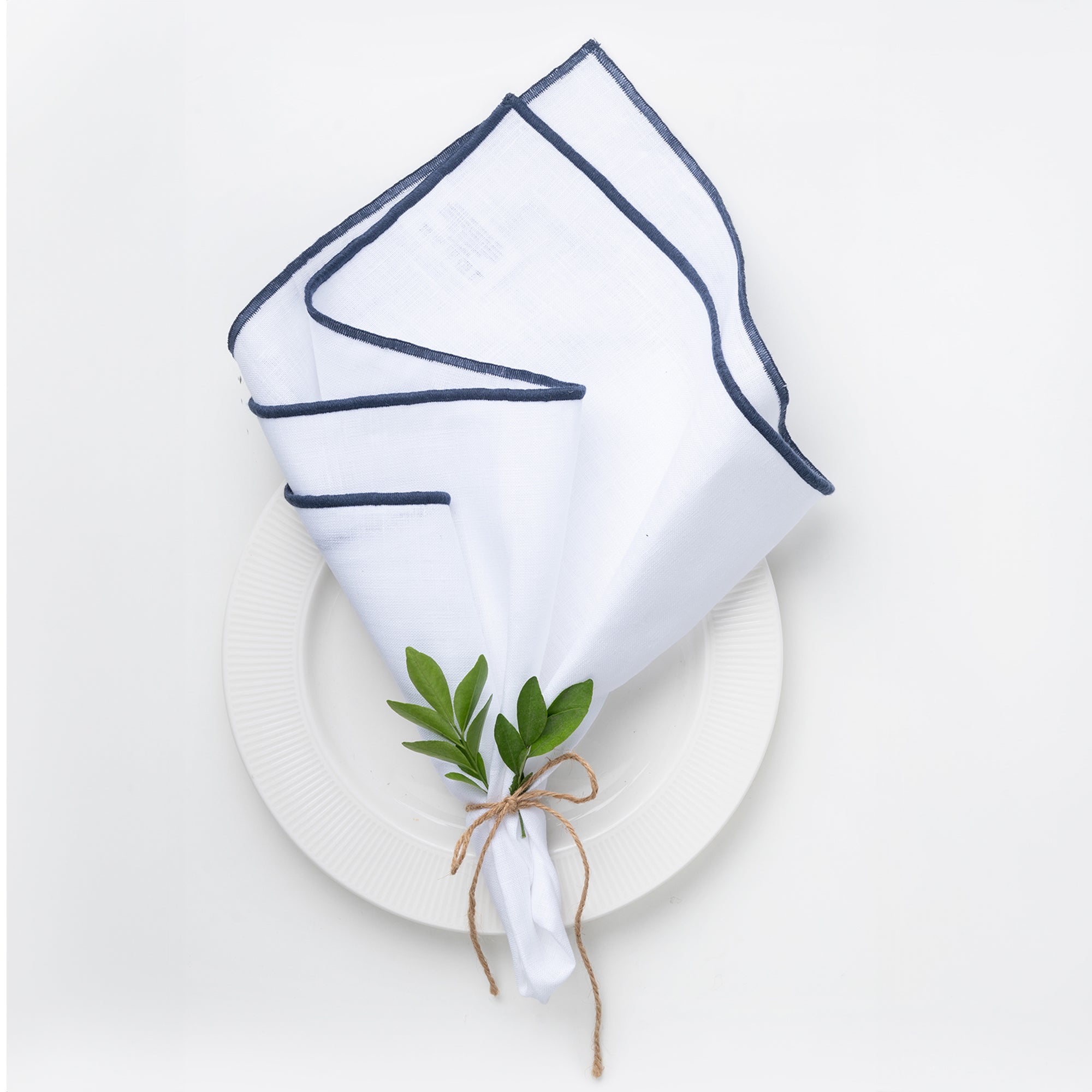 White and Navy Blue Linen Napkins, Marrow Edge, 20 x 20 inch, 4 pcs