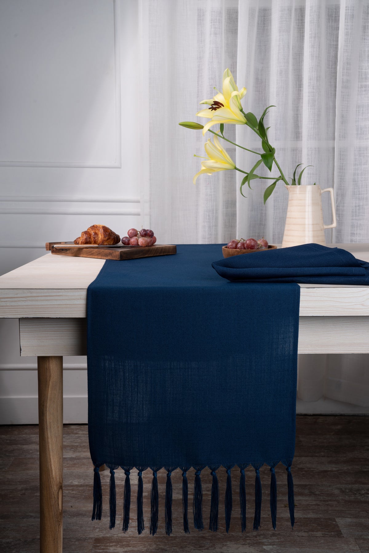 Navy Blue Linen Look Recycled Fabric Tassel Table Runner