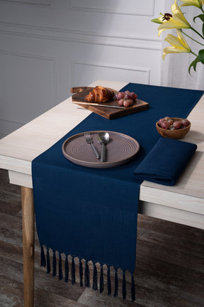 Navy Blue Linen Textured Table Runner - Tassel