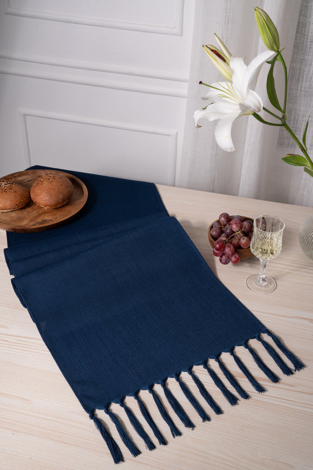 Navy Blue Linen Look Recycled Fabric Tassel Table Runner