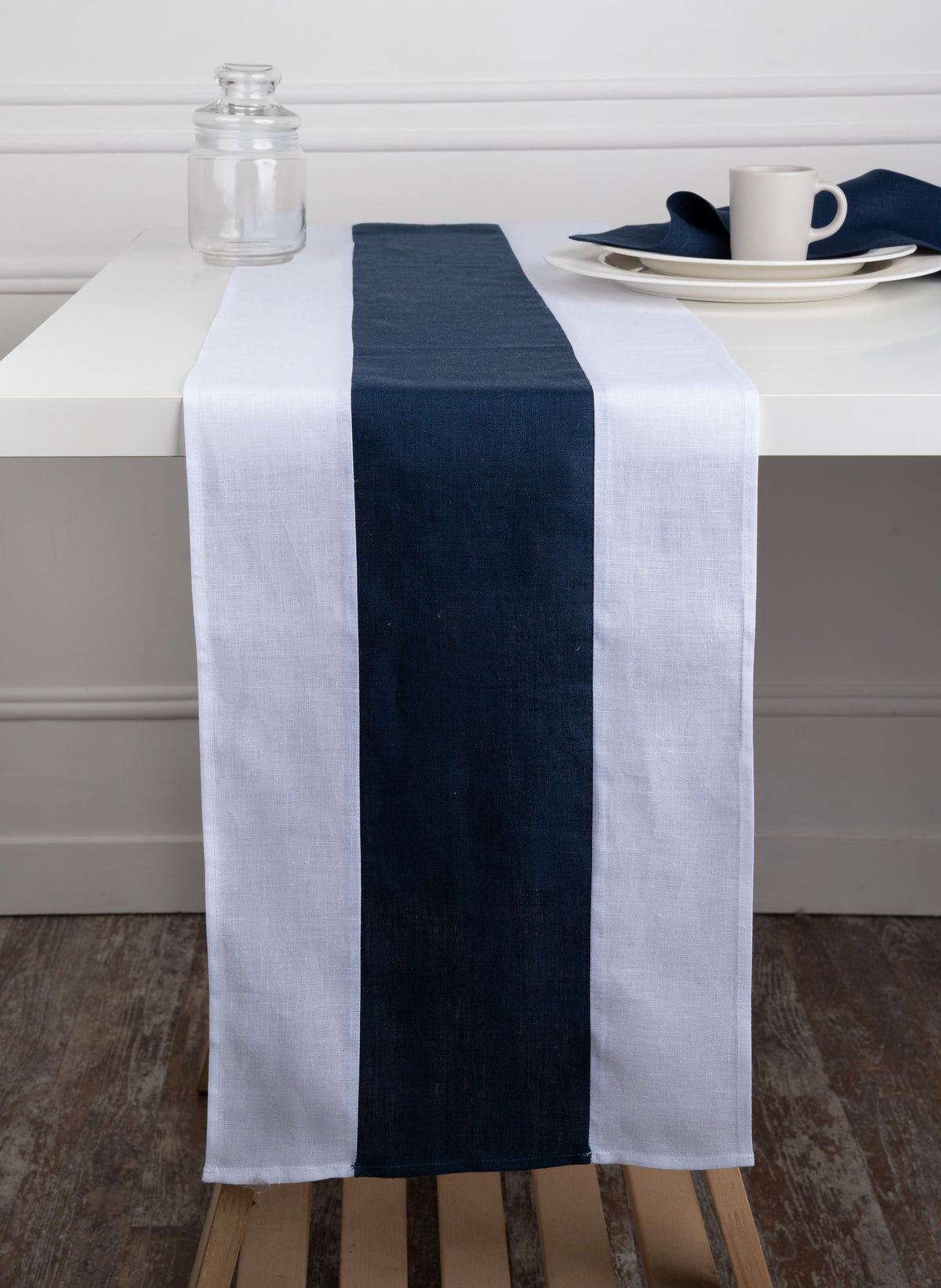 White and Navy Blue Linen Table Runner - Splicing