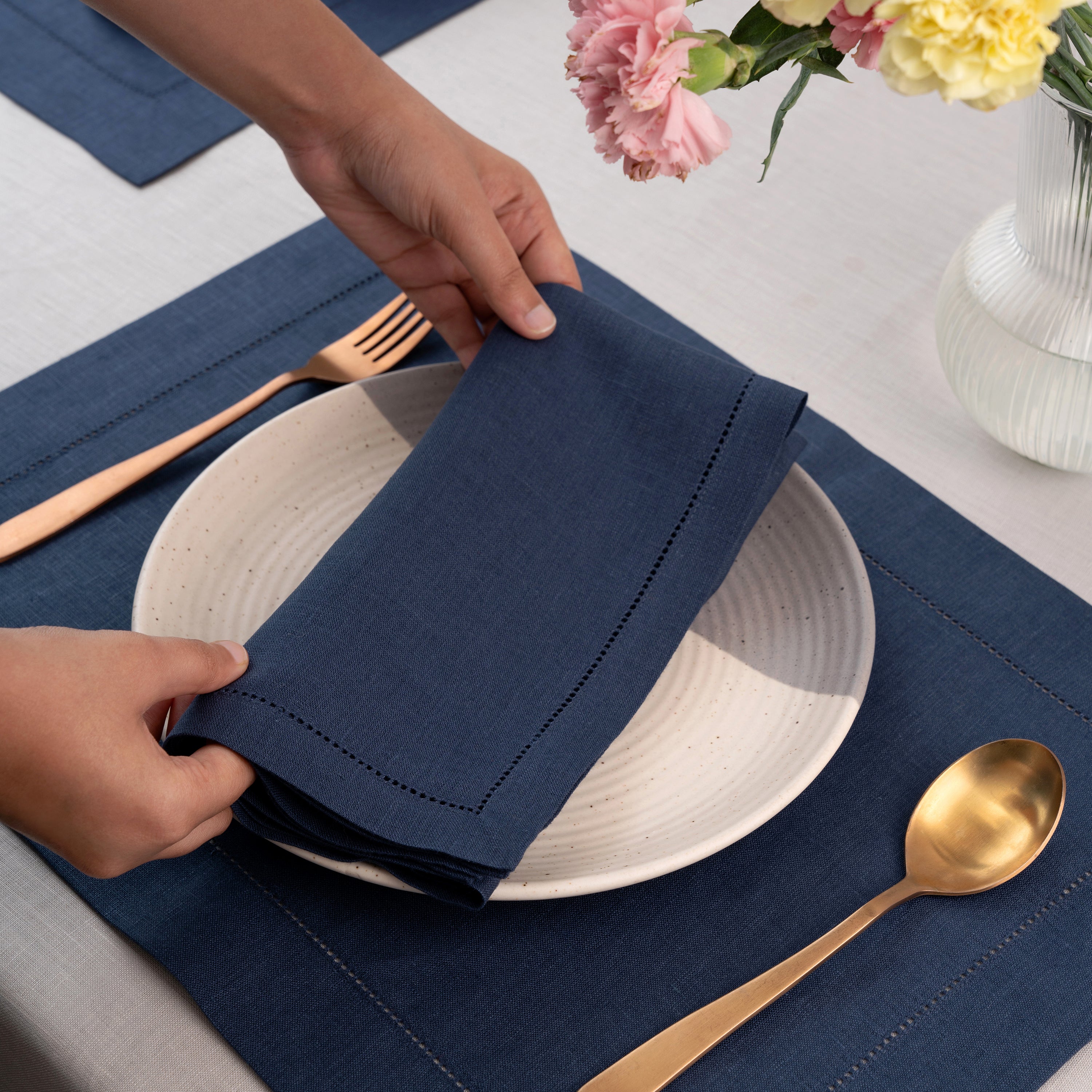 Navy Blue Linen Napkins, Hemstitch, 20 x 20 inch, 4 pcs