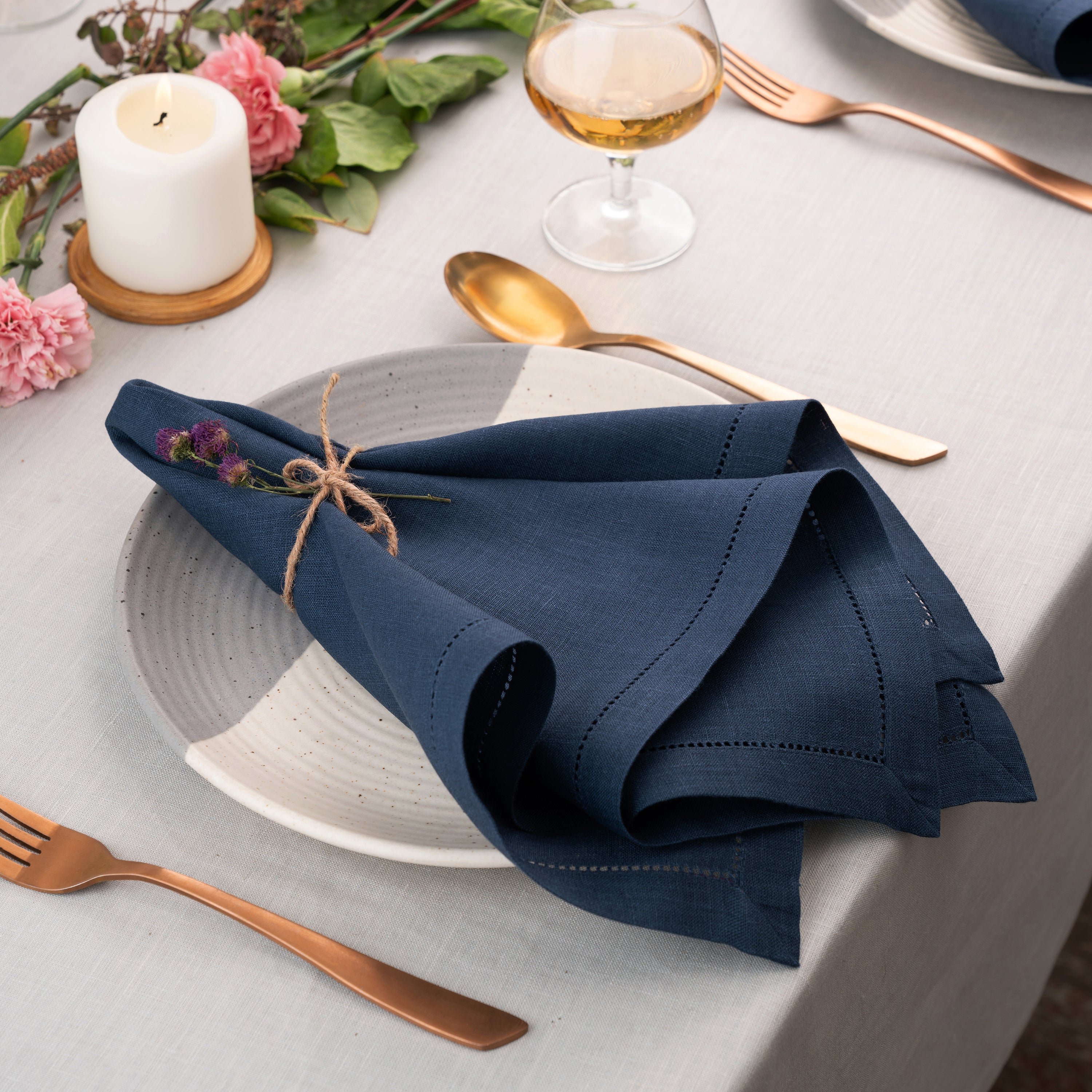 Navy Blue Linen Napkins, Hemstitch, 20 x 20 inch, 4 pcs