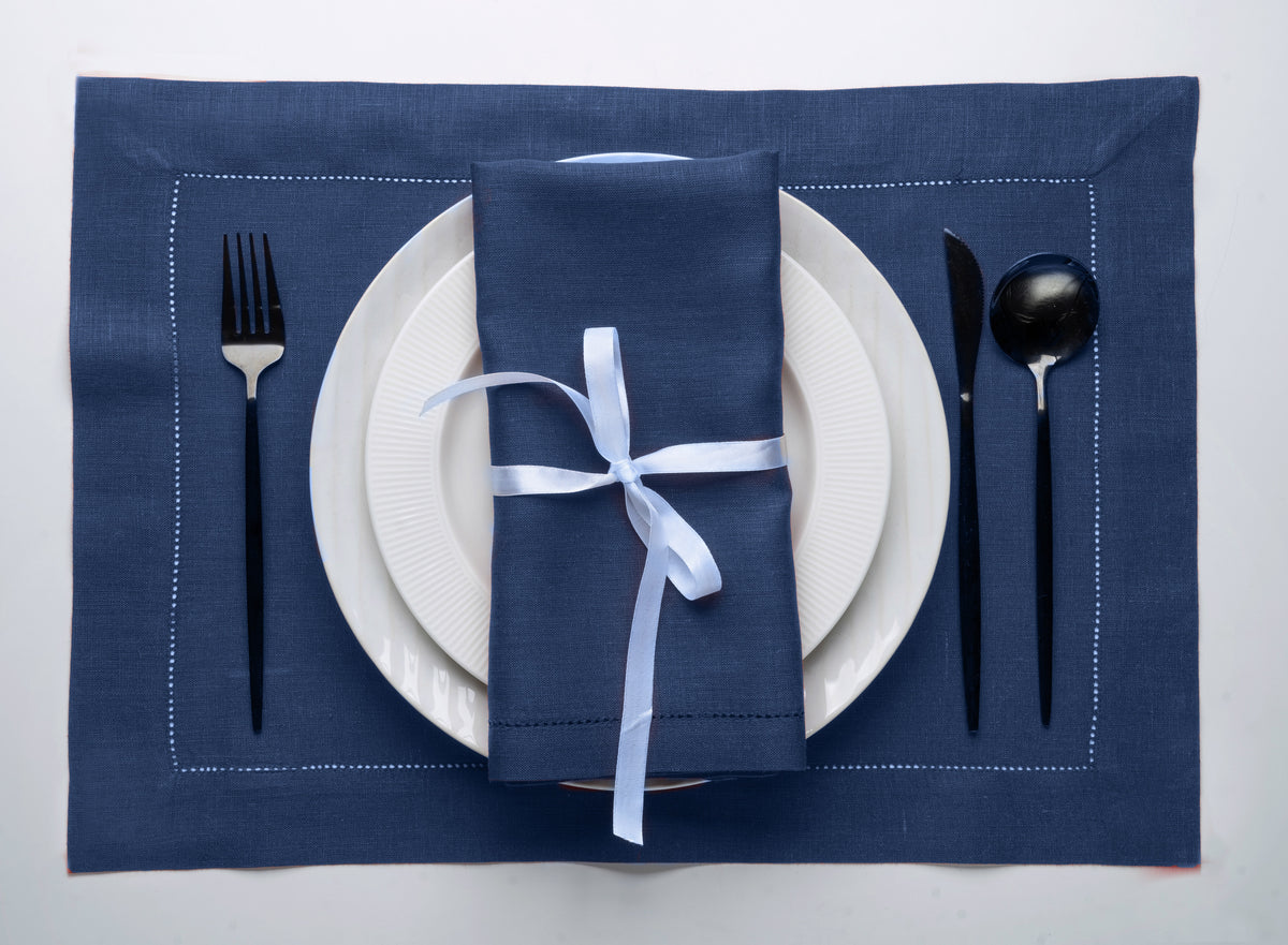 Navy Blue Linen Dinner Napkins 20 x 20 Inch Set of 6 - Hemstitch