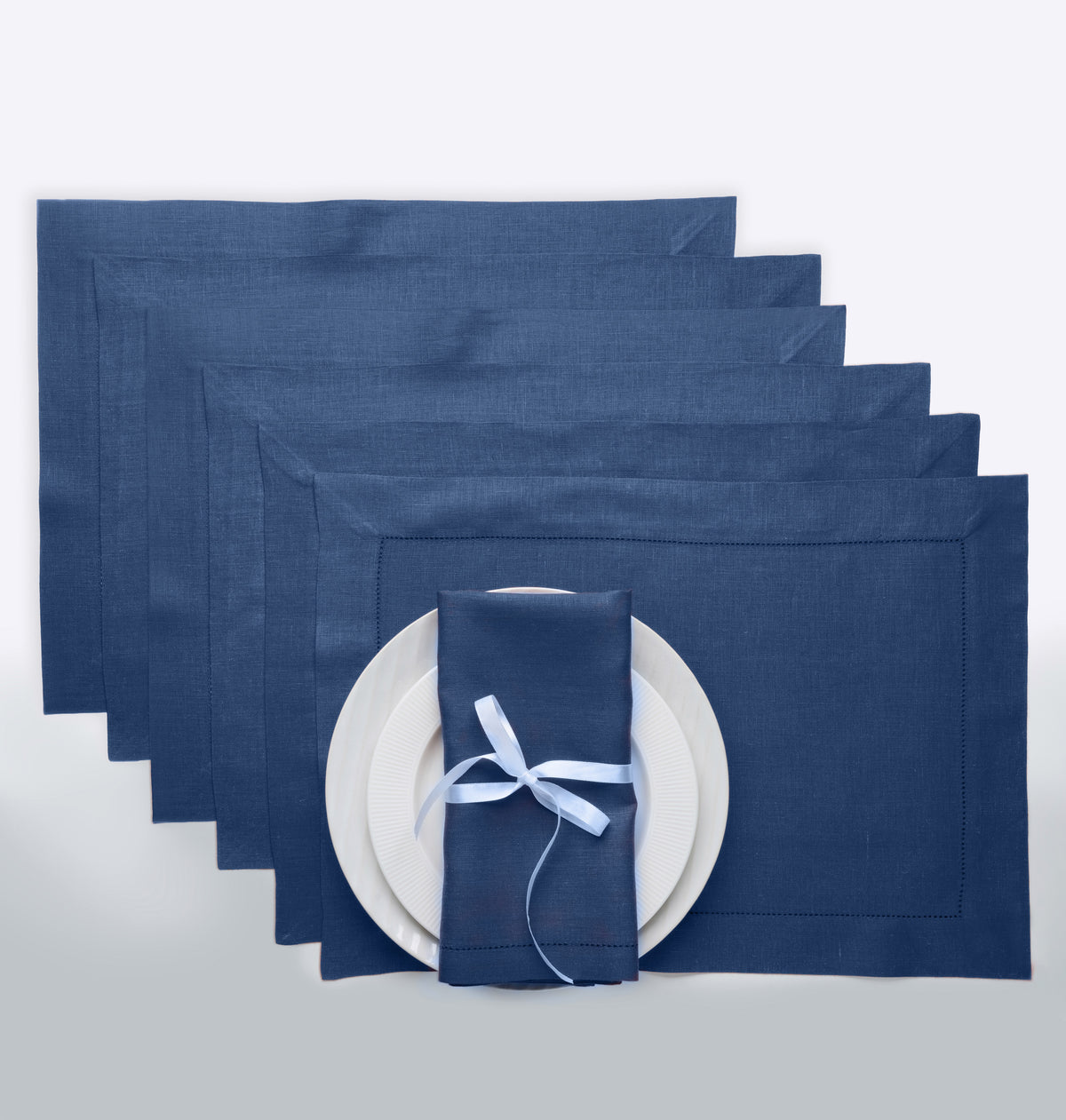 Navy Blue Linen Placemats | 14 x 19 Inch Set Of 6 | Hemstitch