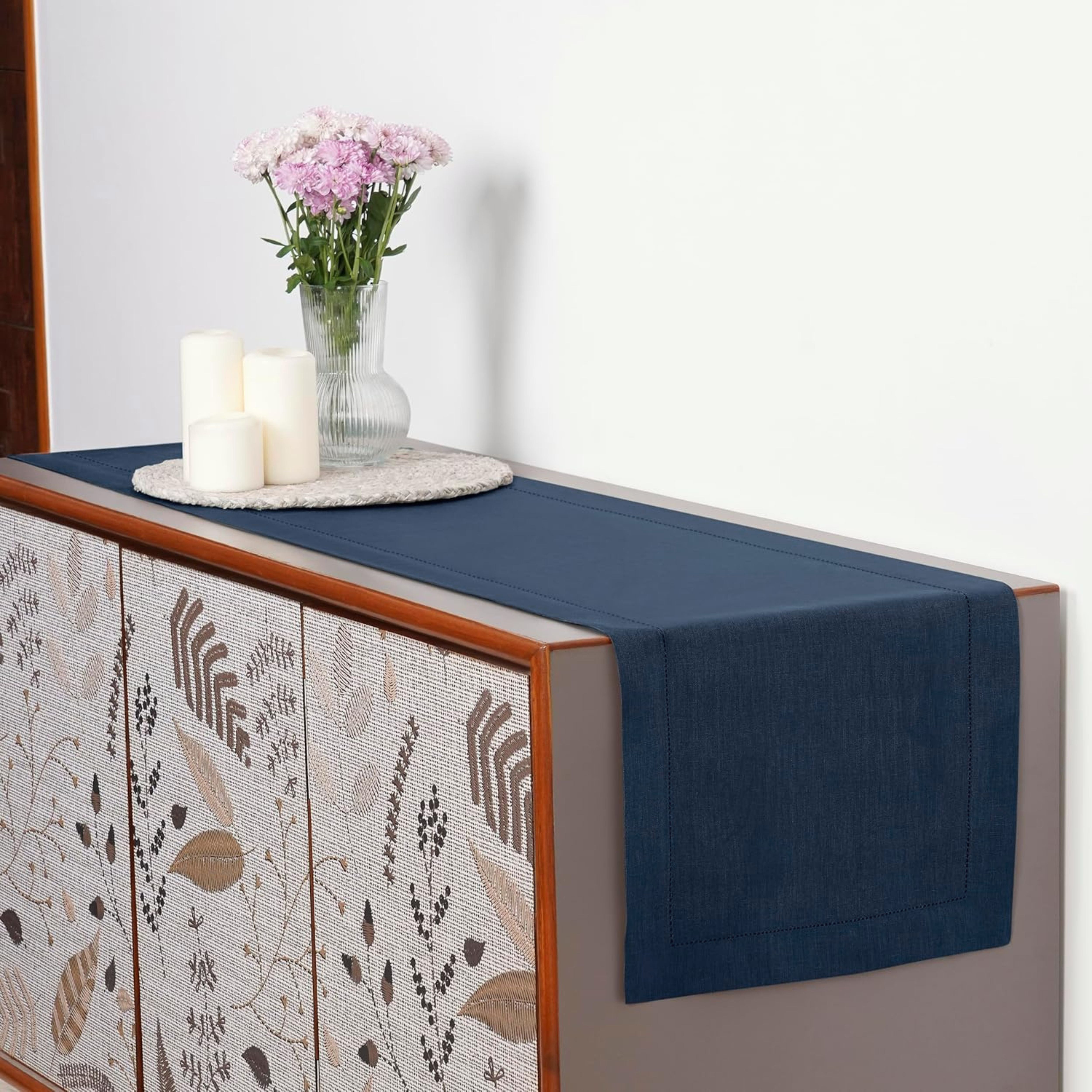 Navy Blue Linen Table Runner, Hemstitch