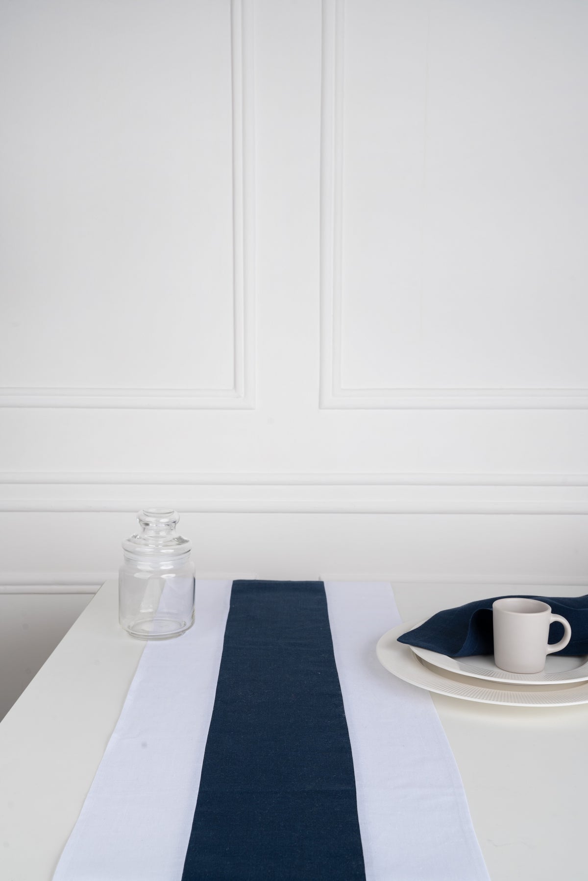 White and Navy Blue Linen Table Runner - Splicing