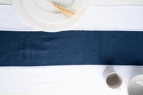 Splicing Linen Table Runner - White and Navy Blue