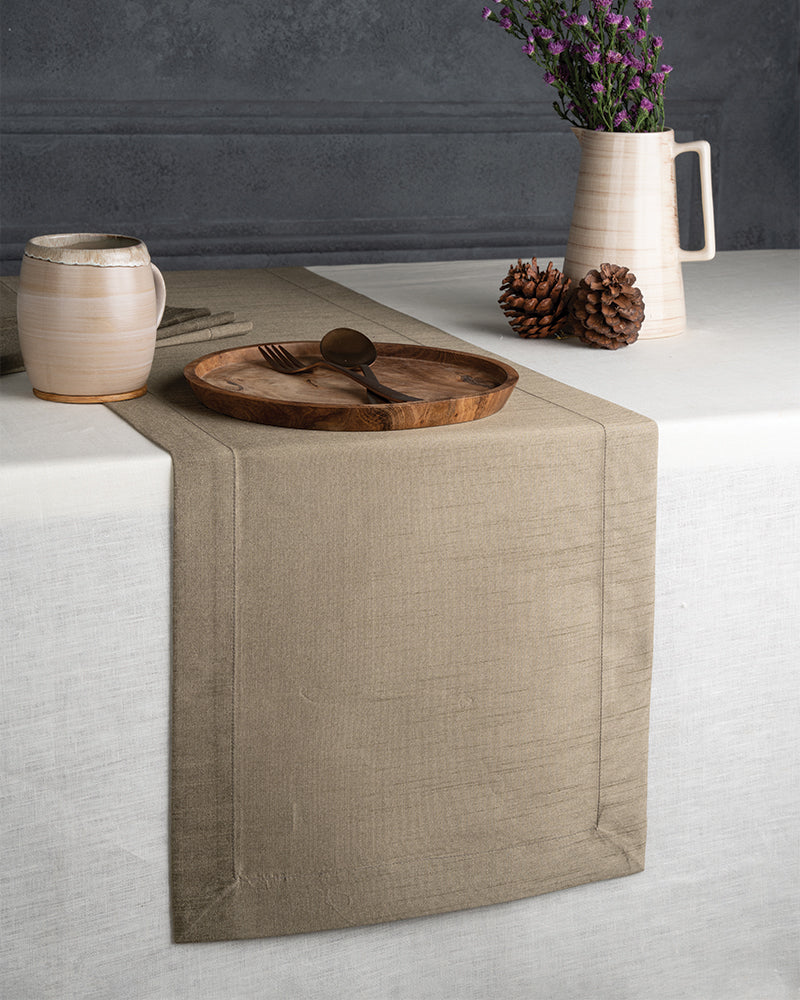 Olive Green Silk Textured Table Runner - Mitered Corner