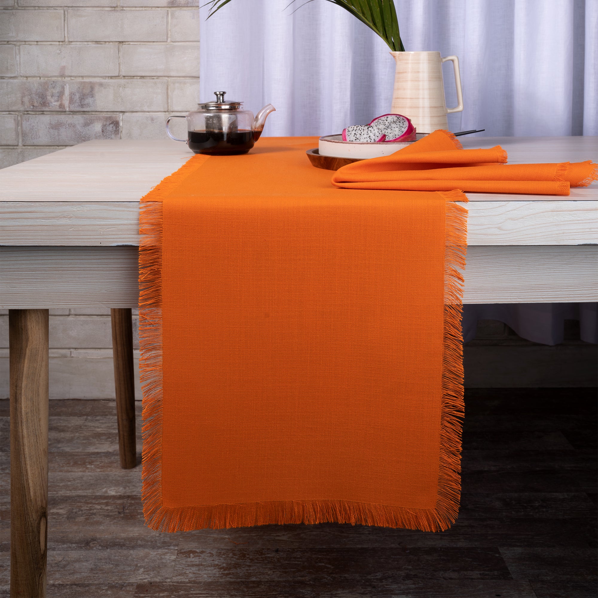 Orange Table Runner, Faux Linen, Fringe