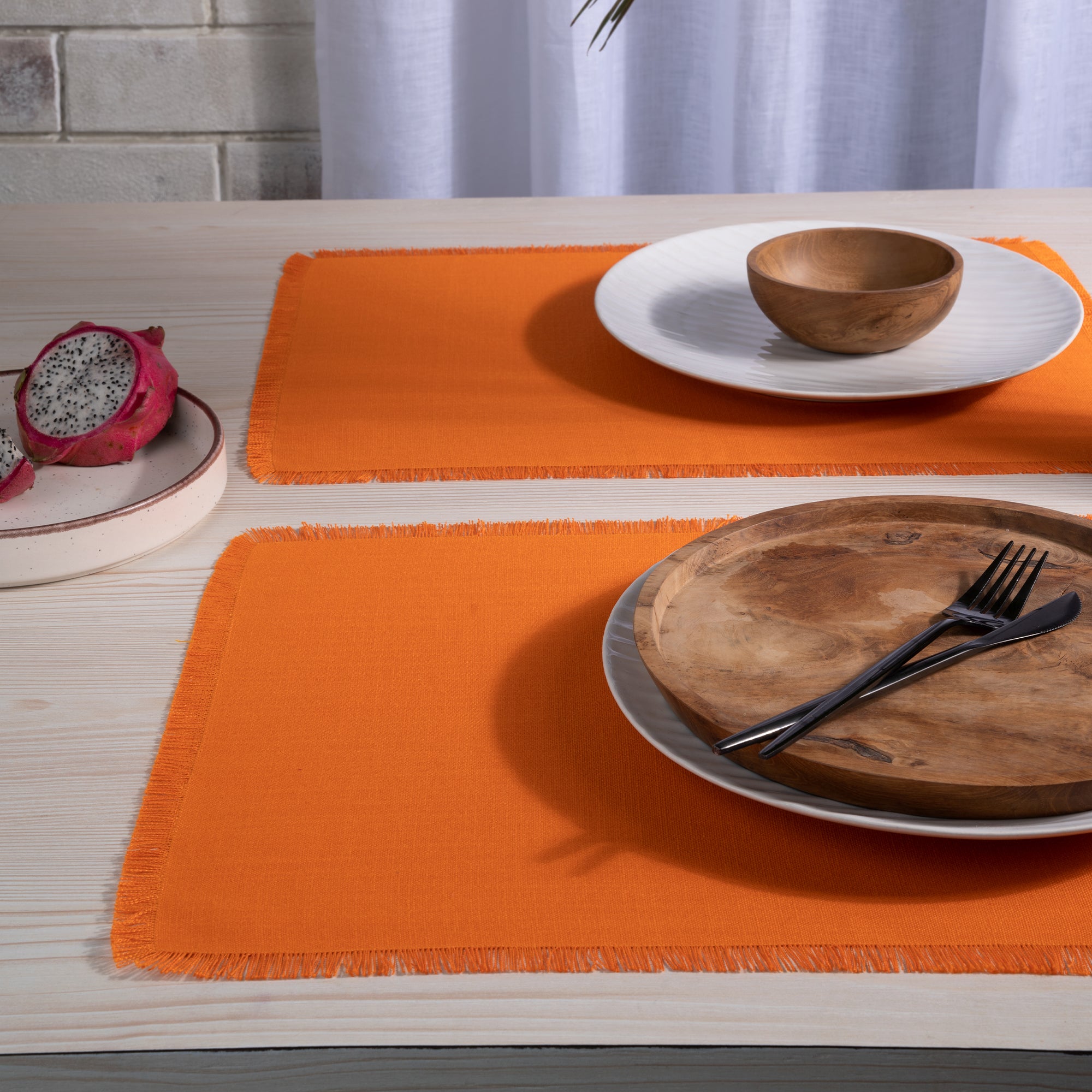 Orange Faux Linen Placemats, Fringe, 14 x 19 inch, 4 pcs