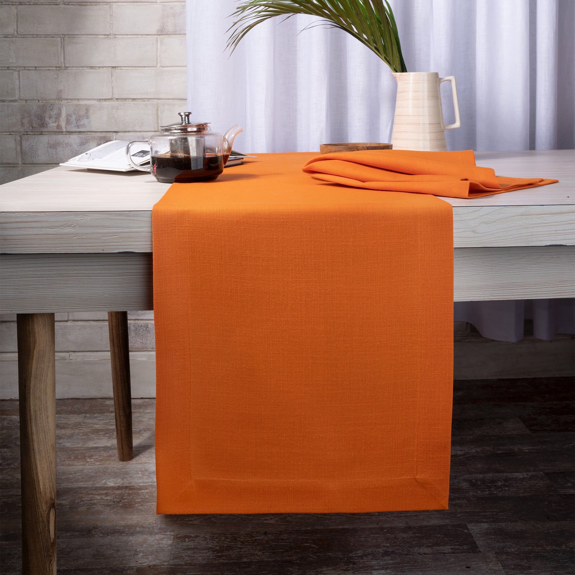 Orange Table Runner, Faux Linen, Mitered Corner