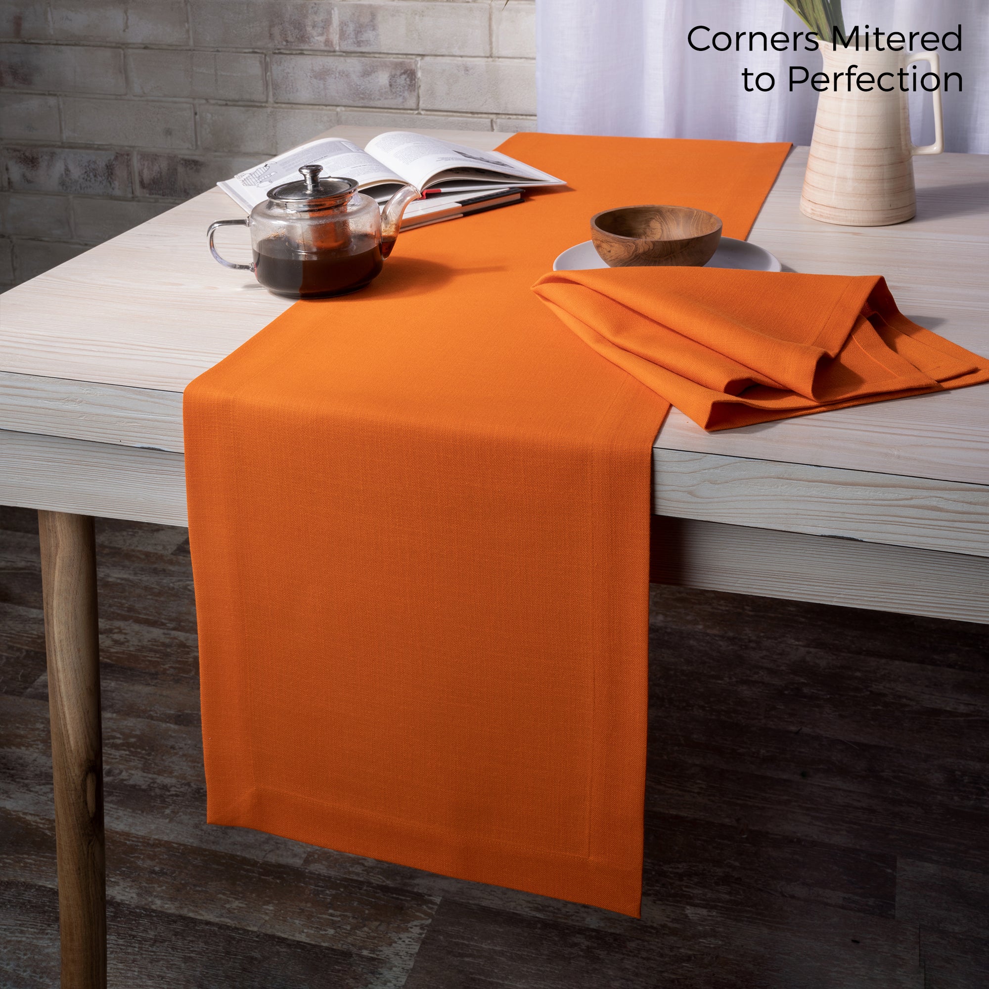 Orange Table Runner, Faux Linen, Mitered Corner