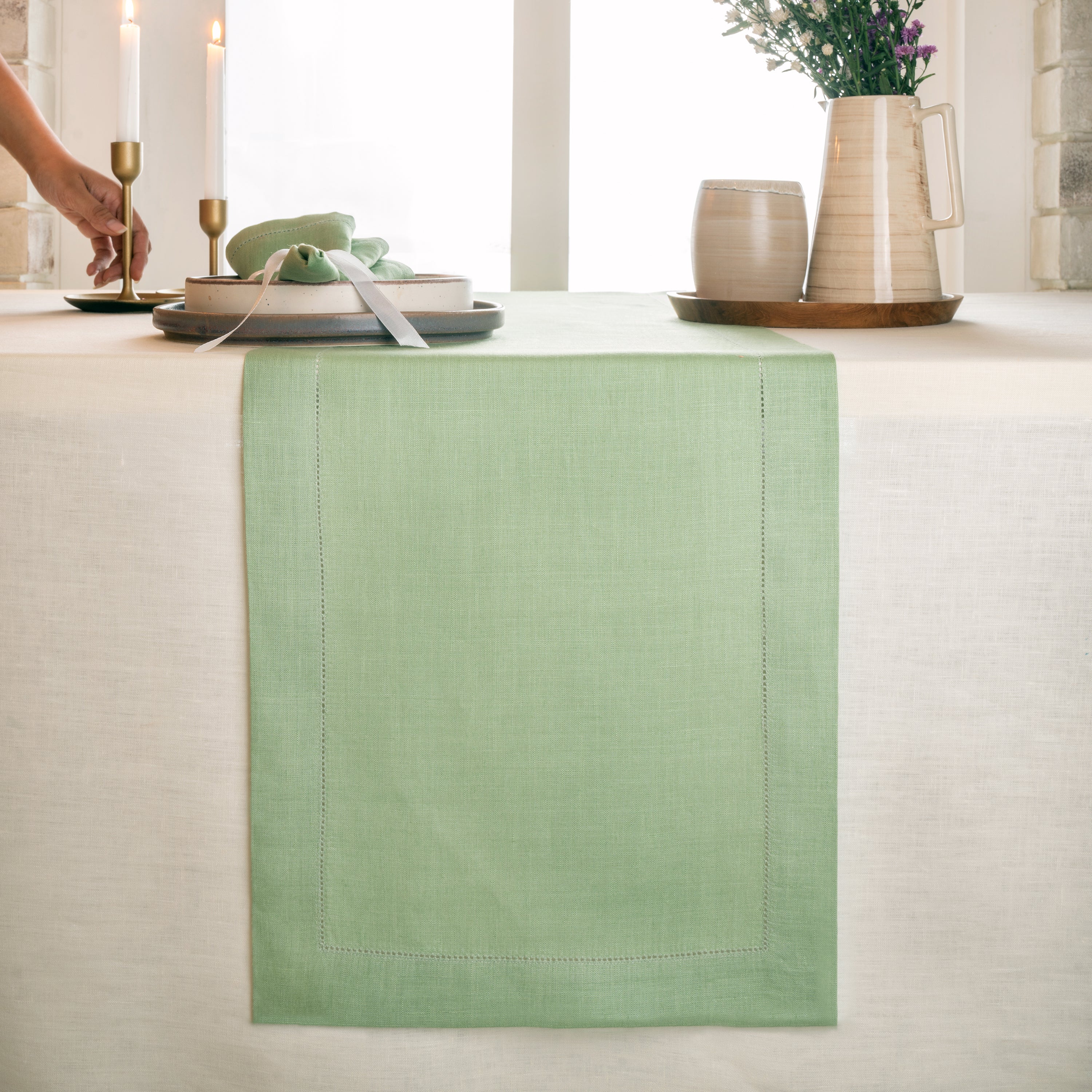 Sage Green Linen Table Runner, Hemstitch