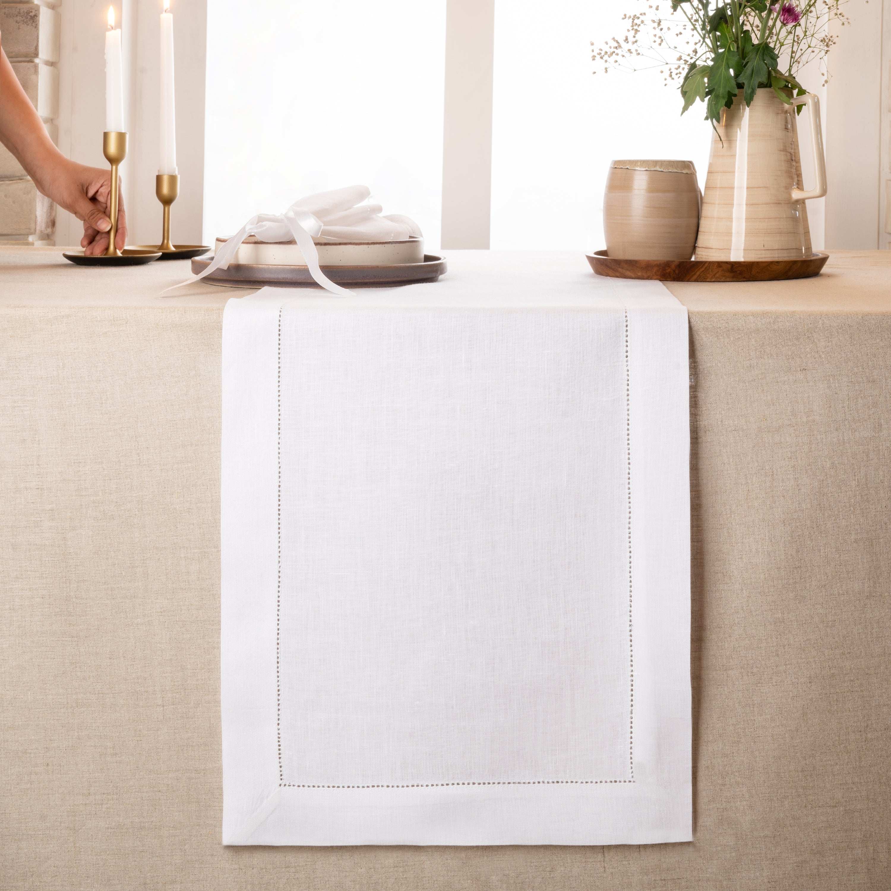 White Linen Table Runner, Hemstitch