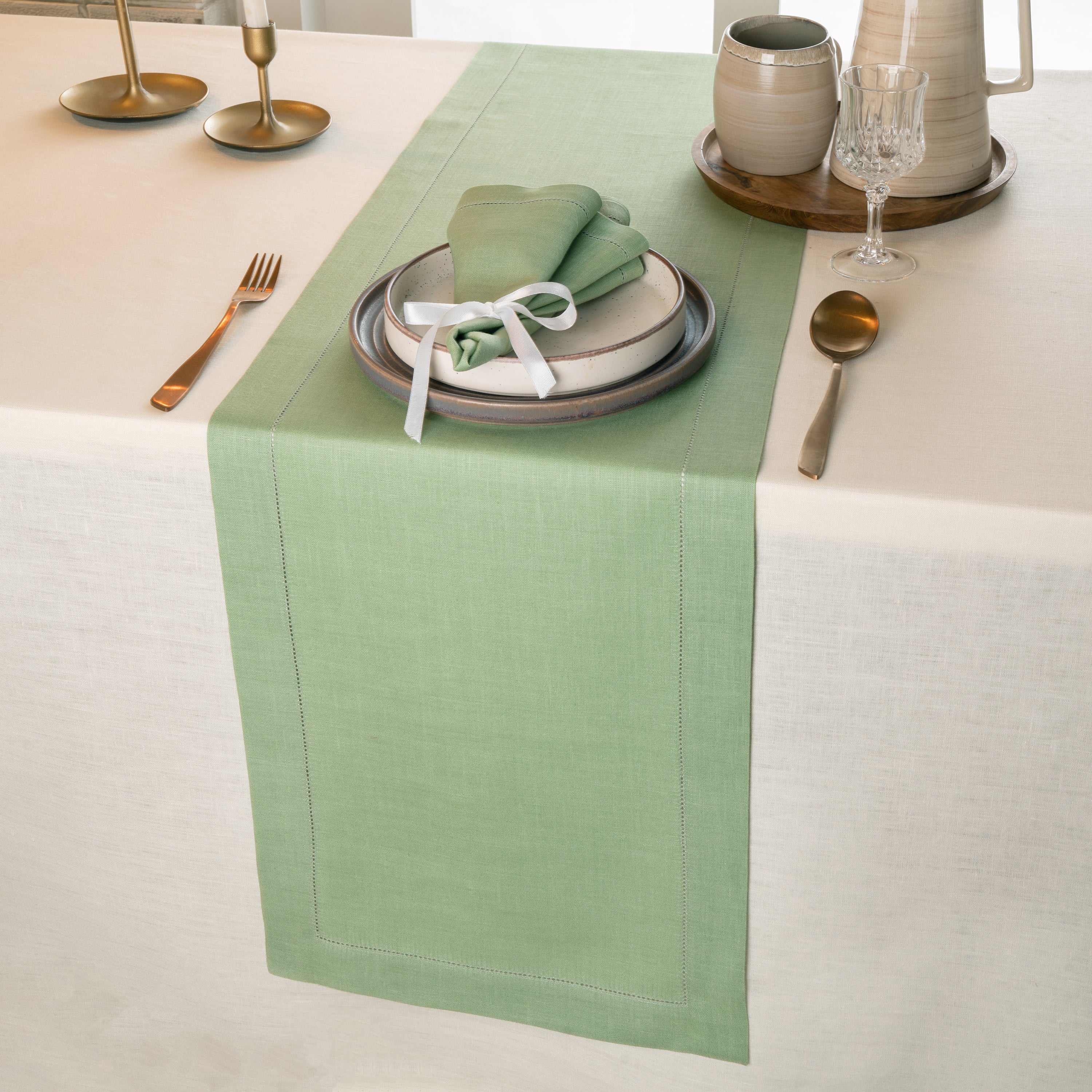 Sage Green Linen Table Runner, Hemstitch