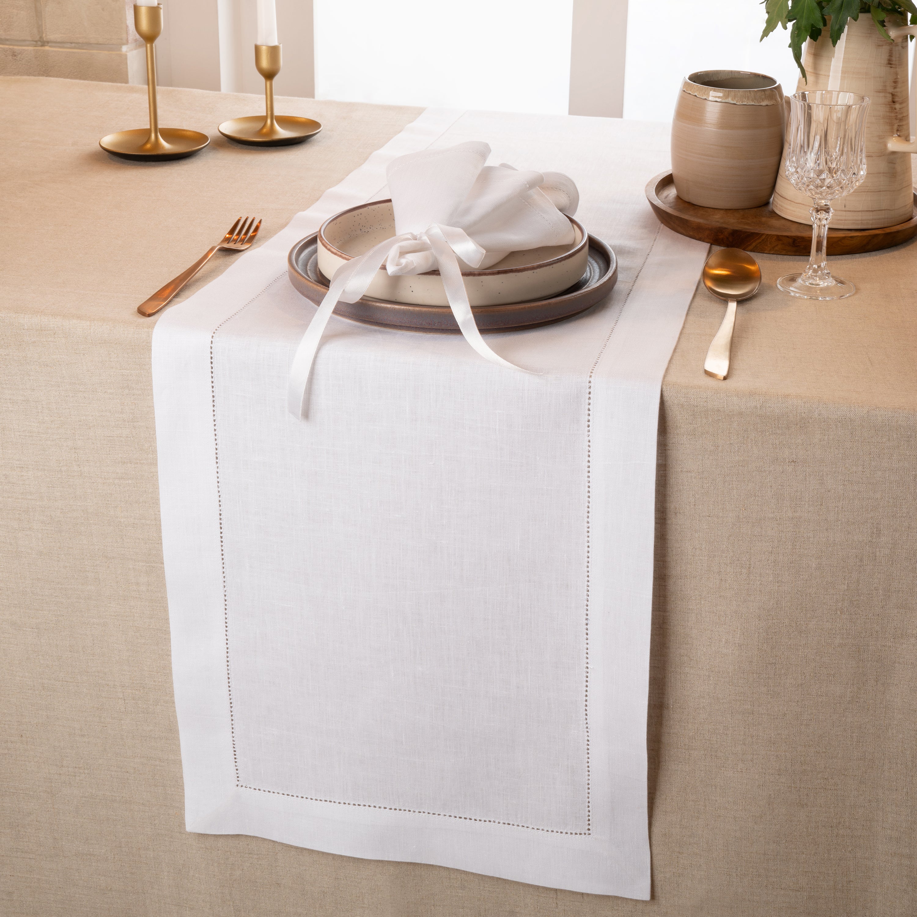 White Linen Table Runner, Hemstitch