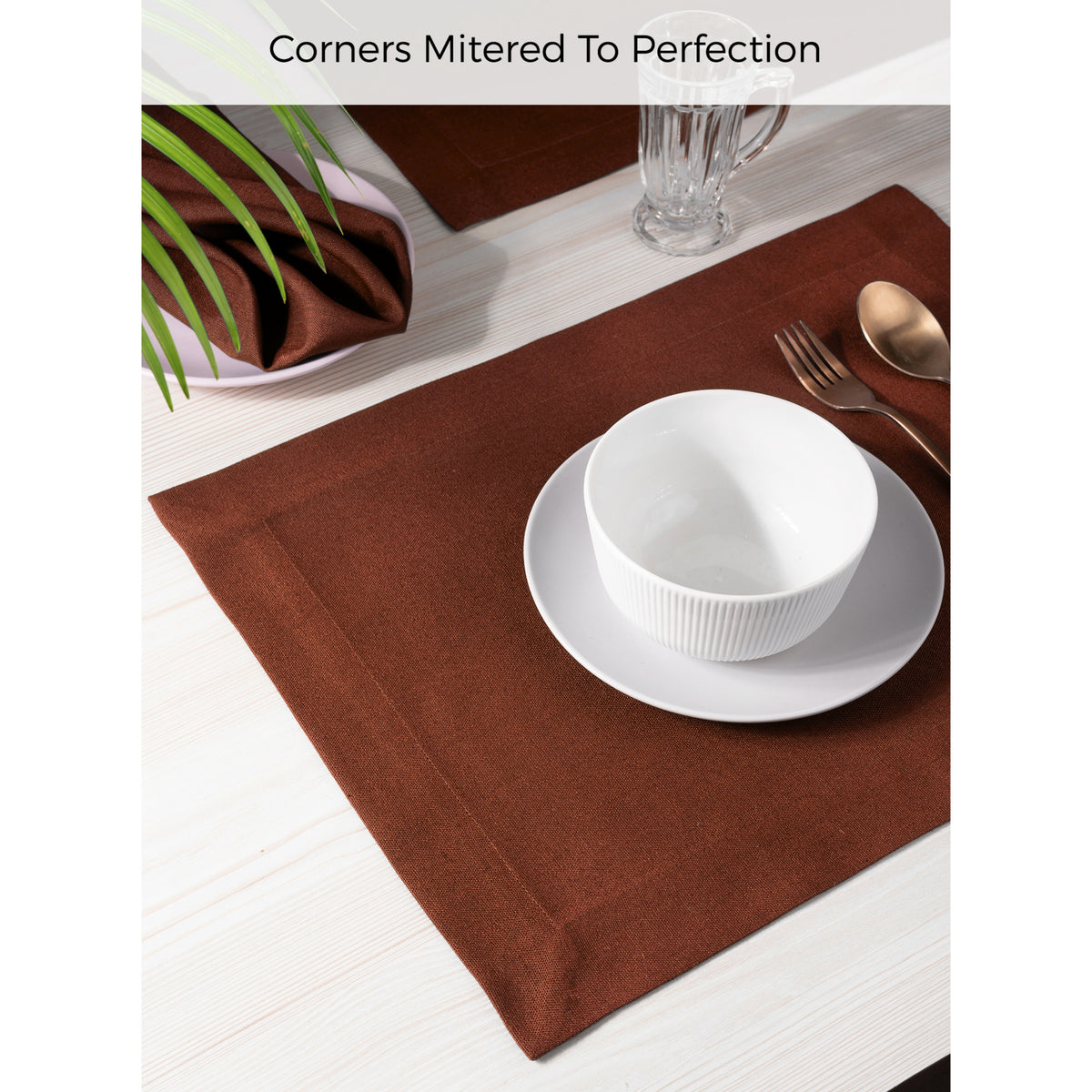 Brown Linen Textured Placemats 14 x 19 Inch Set of 4 - Mitered Corner