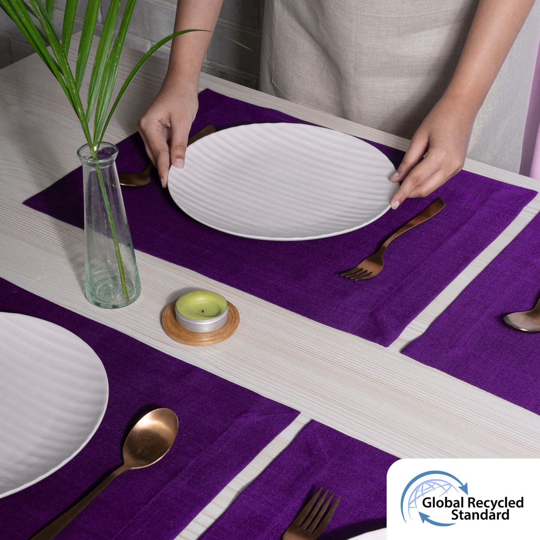 Purple Linen Look Recycled Fabric Mitered Corner Placemats