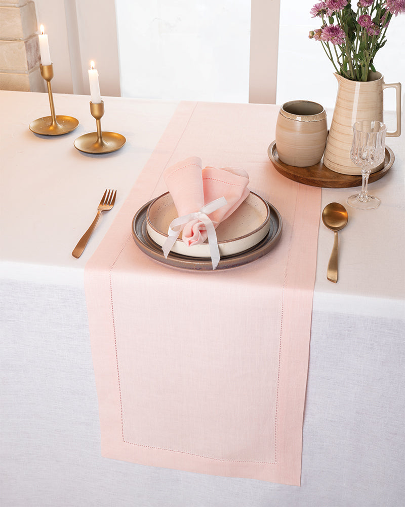 Pastel Pink Linen Table Runner - Hemstitch