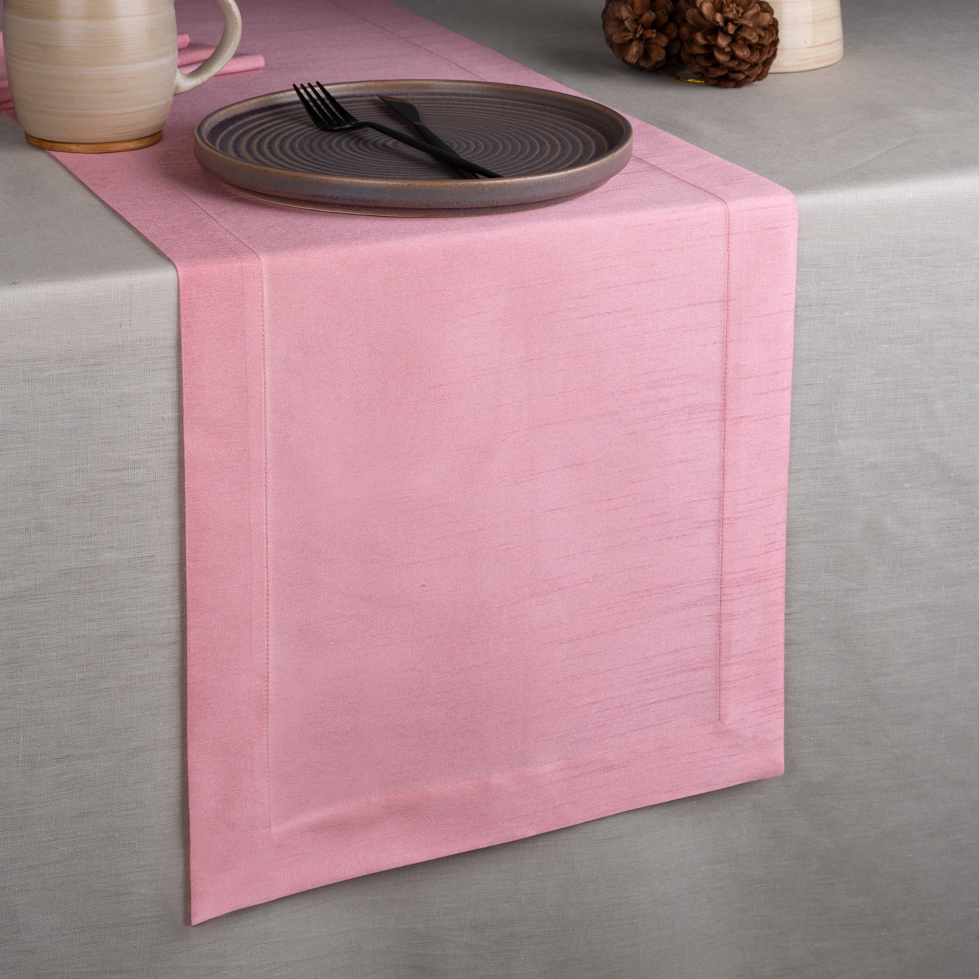 Pink Table Runner, Vegan Silk, Mitered Corner