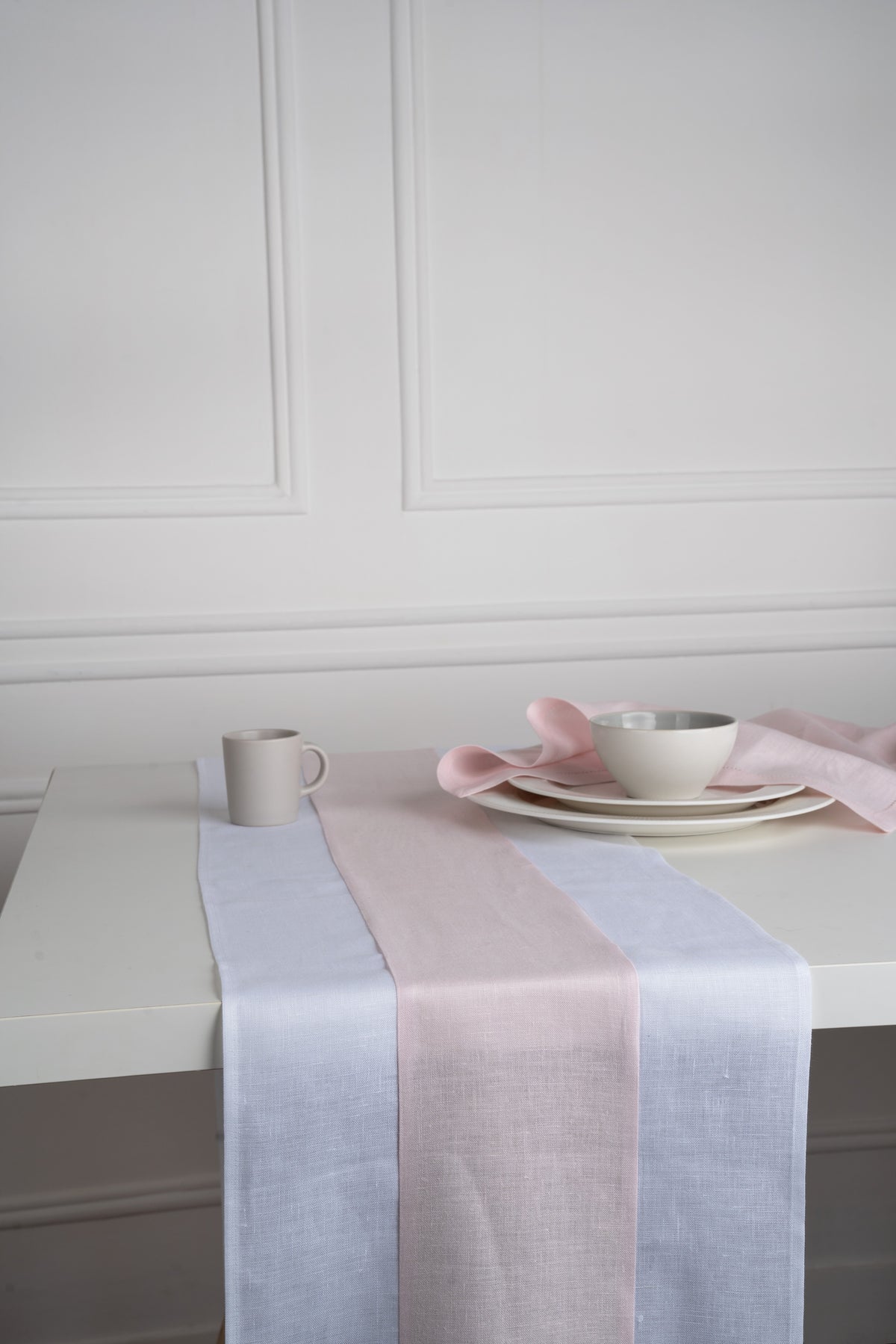 White and Pastel Pink Linen Table Runner - Splicing