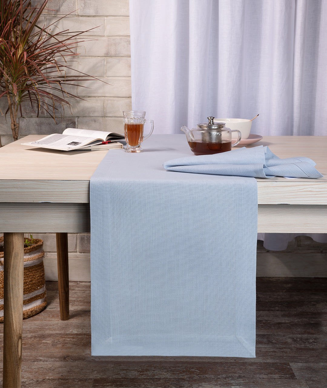 Light Blue Linen Look Recycled Fabric Mitered Corner Table Runner